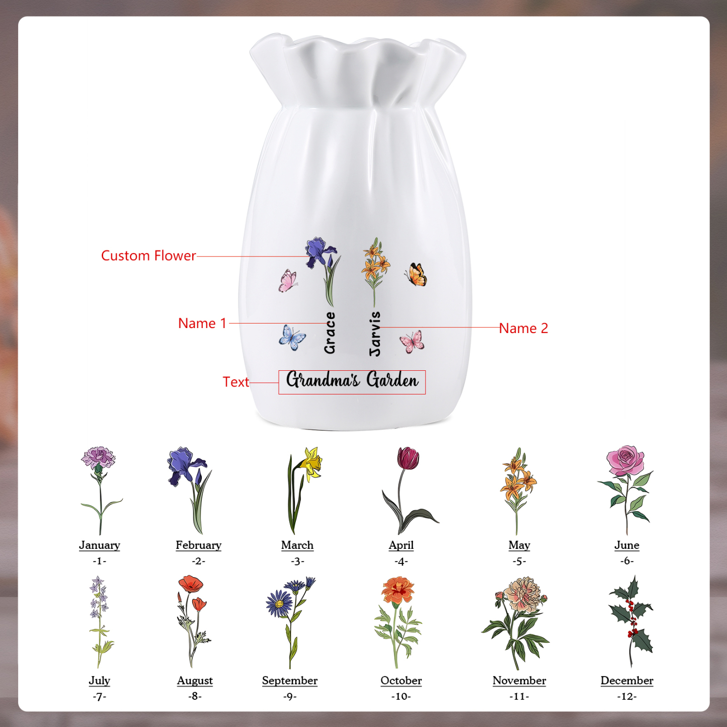 À Maman/Mamie - Vase en Céramique Personnalisés avec 1-6 Prénoms,1-6 Fleurs et 1 Texte Vase (sans fleurs) | Jessemade