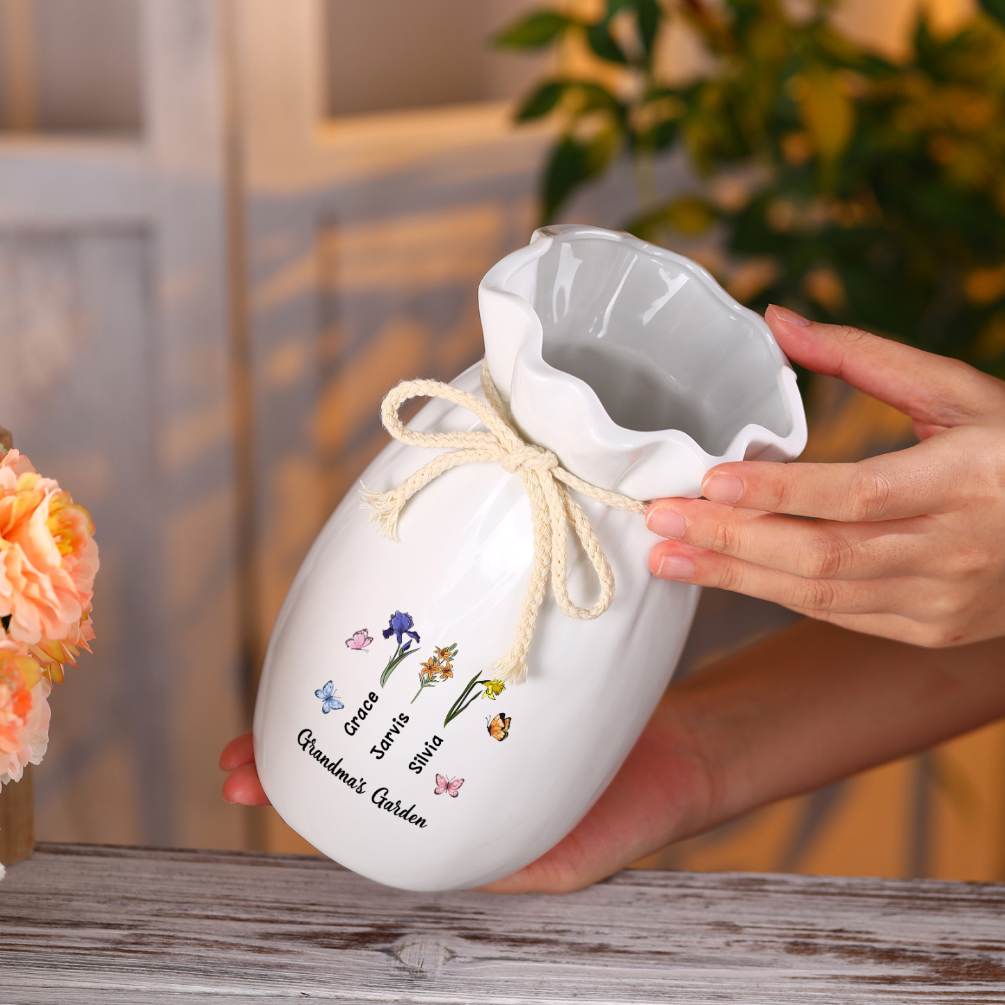 À Maman/Mamie - Vase en Céramique Personnalisés avec 1-6 Prénoms,1-6 Fleurs et 1 Texte Vase (sans fleurs) | Jessemade