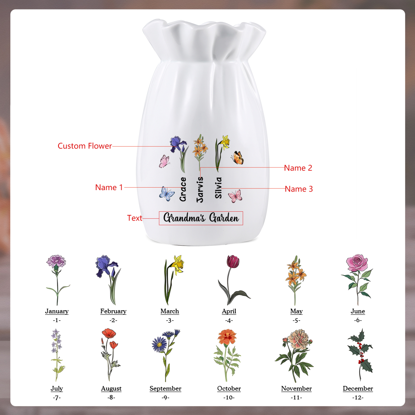 À Maman/Mamie - Vase en Céramique Personnalisés avec 1-6 Prénoms,1-6 Fleurs et 1 Texte Vase (sans fleurs) | Jessemade