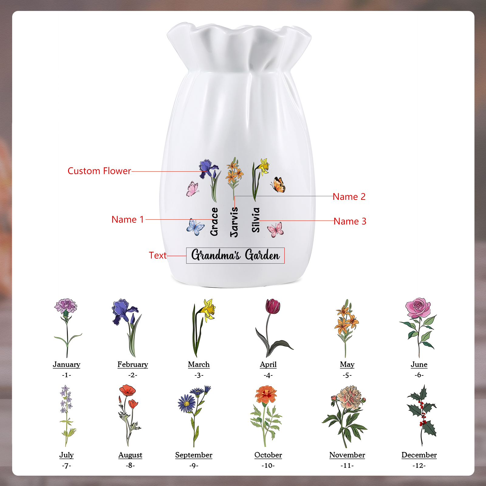 À Maman/Mamie - Vase en Céramique Personnalisés avec 1-6 Prénoms,1-6 Fleurs et 1 Texte Vase (sans fleurs) | Jessemade