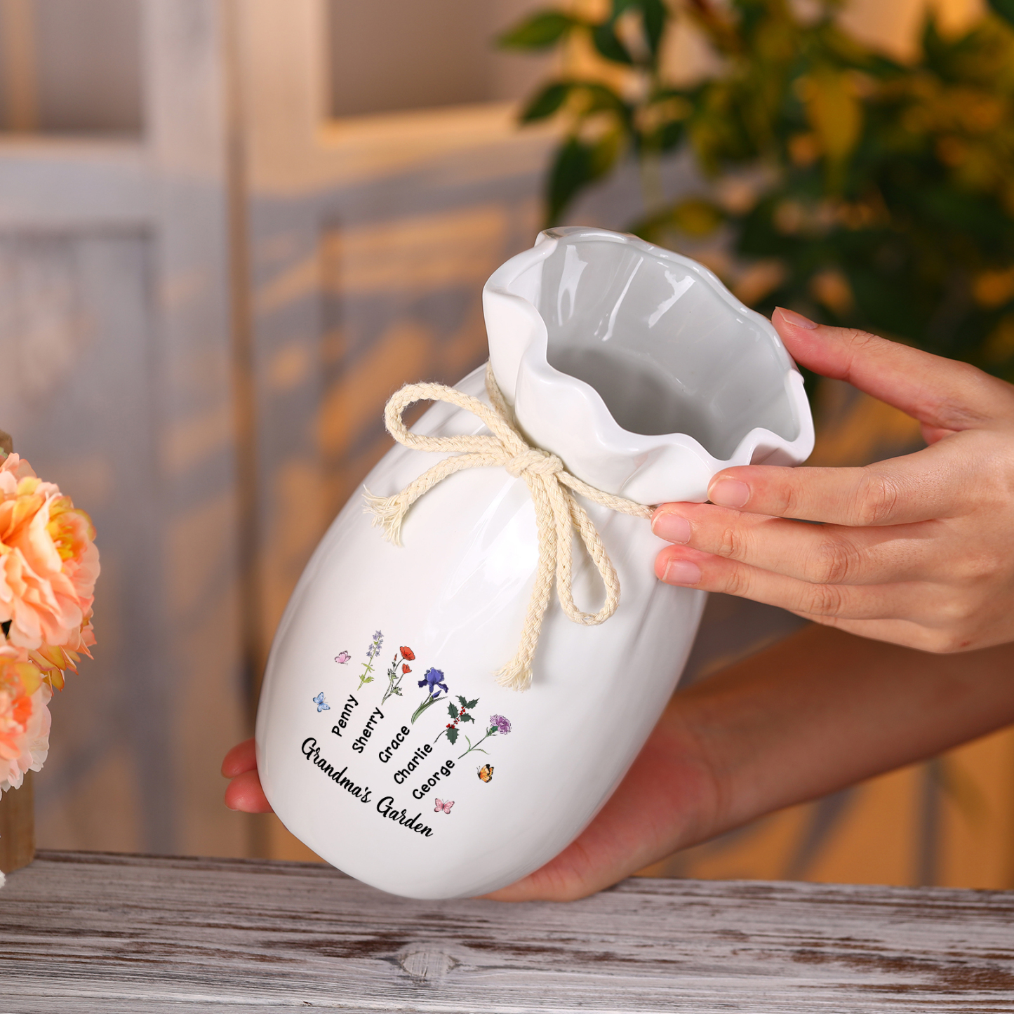 À Maman/Mamie - Vase en Céramique Personnalisés avec 1-6 Prénoms,1-6 Fleurs et 1 Texte Vase (sans fleurs) | Jessemade