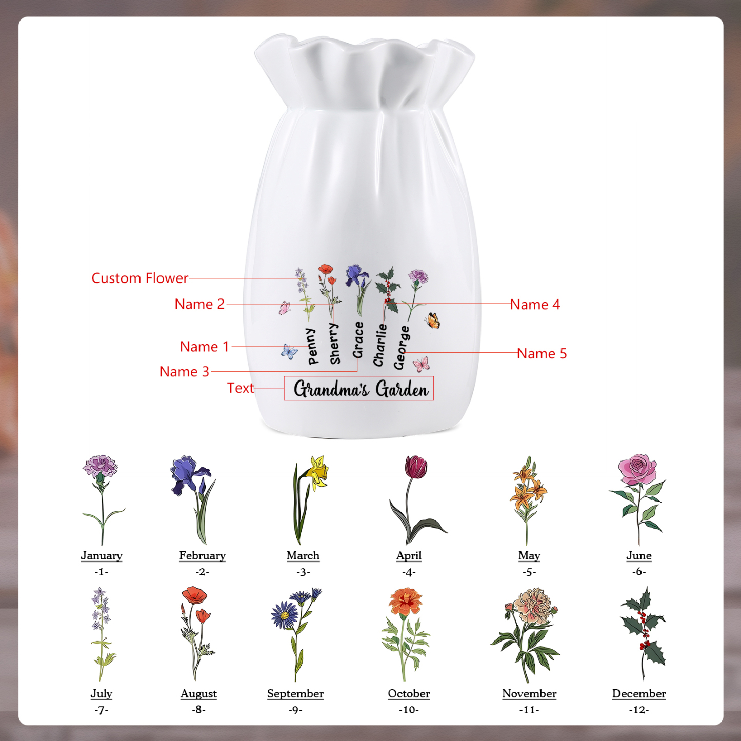 À Maman/Mamie - Vase en Céramique Personnalisés avec 1-6 Prénoms,1-6 Fleurs et 1 Texte Vase (sans fleurs) | Jessemade