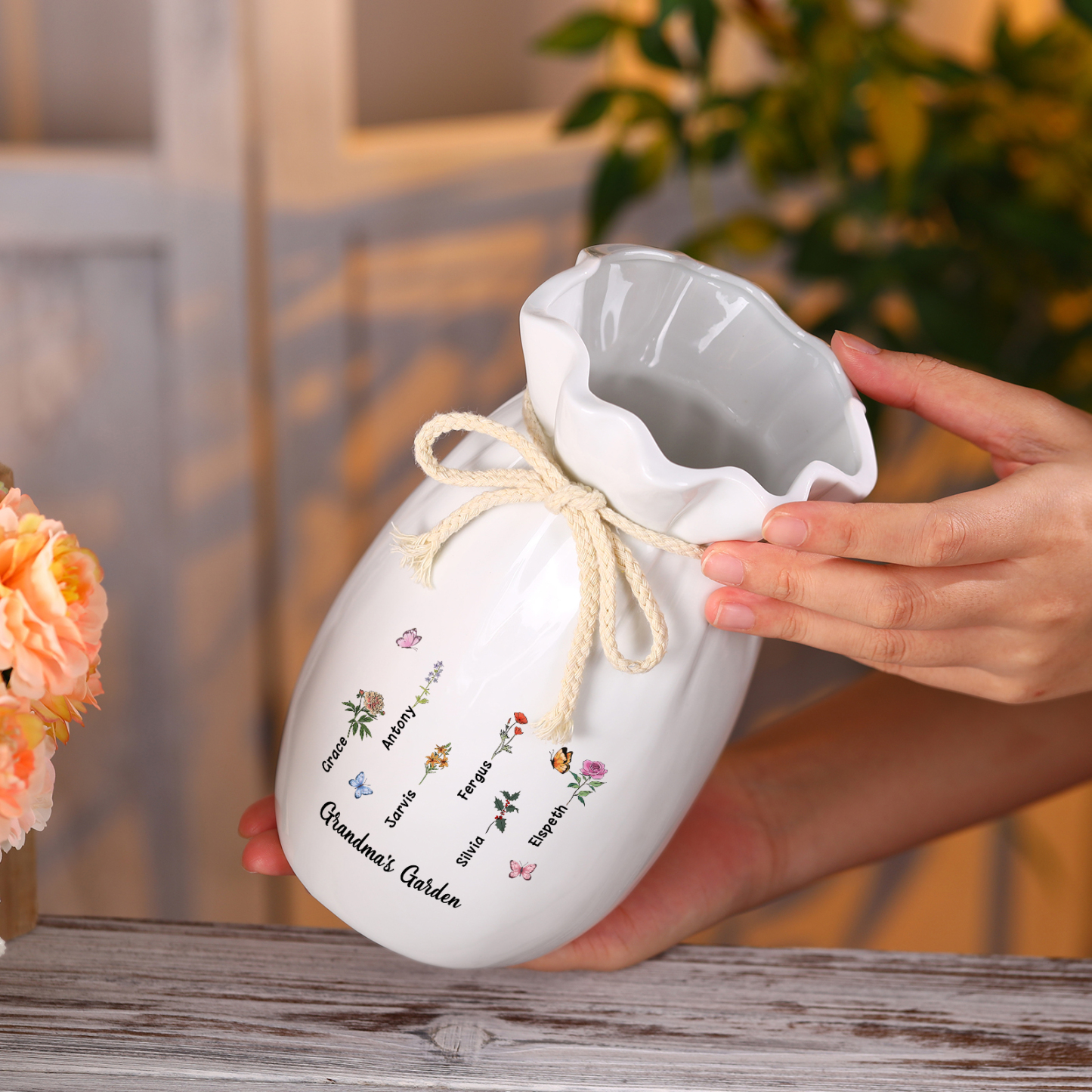 À Maman/Mamie - Vase en Céramique Personnalisés avec 1-6 Prénoms,1-6 Fleurs et 1 Texte Vase (sans fleurs) | Jessemade