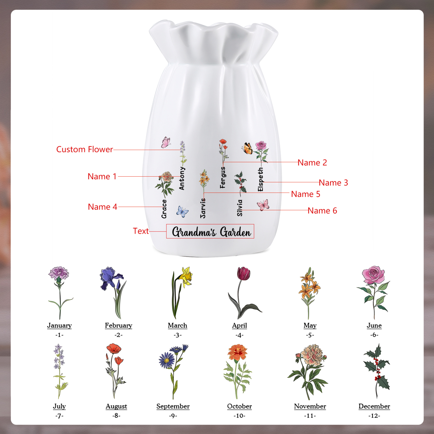 À Maman/Mamie - Vase en Céramique Personnalisés avec 1-6 Prénoms,1-6 Fleurs et 1 Texte Vase (sans fleurs) | Jessemade