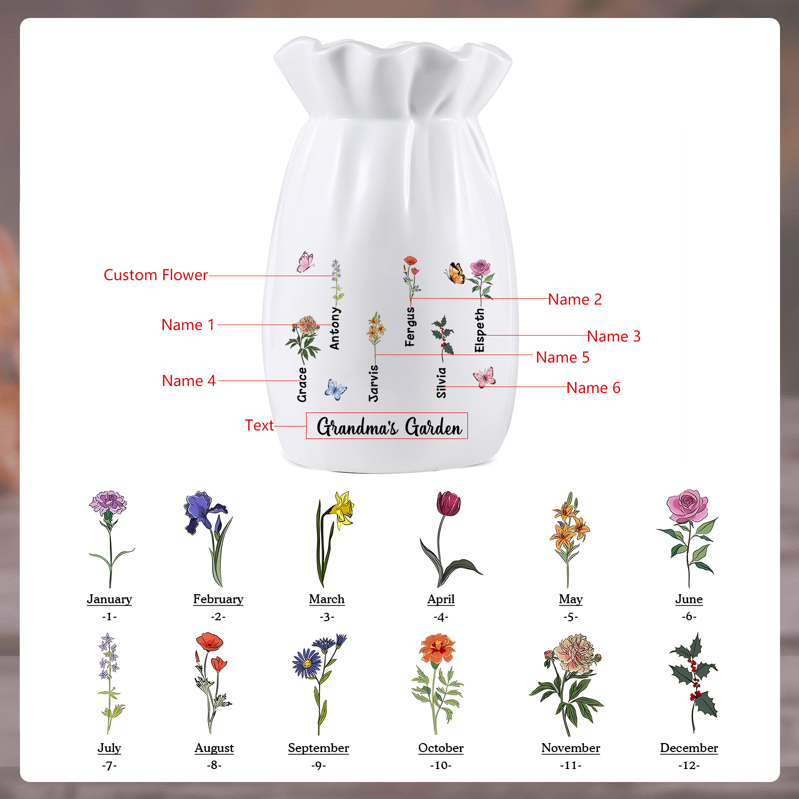 À Maman/Mamie - Vase en Céramique Personnalisés avec 1-6 Prénoms,1-6 Fleurs et 1 Texte Vase (sans fleurs) | Jessemade