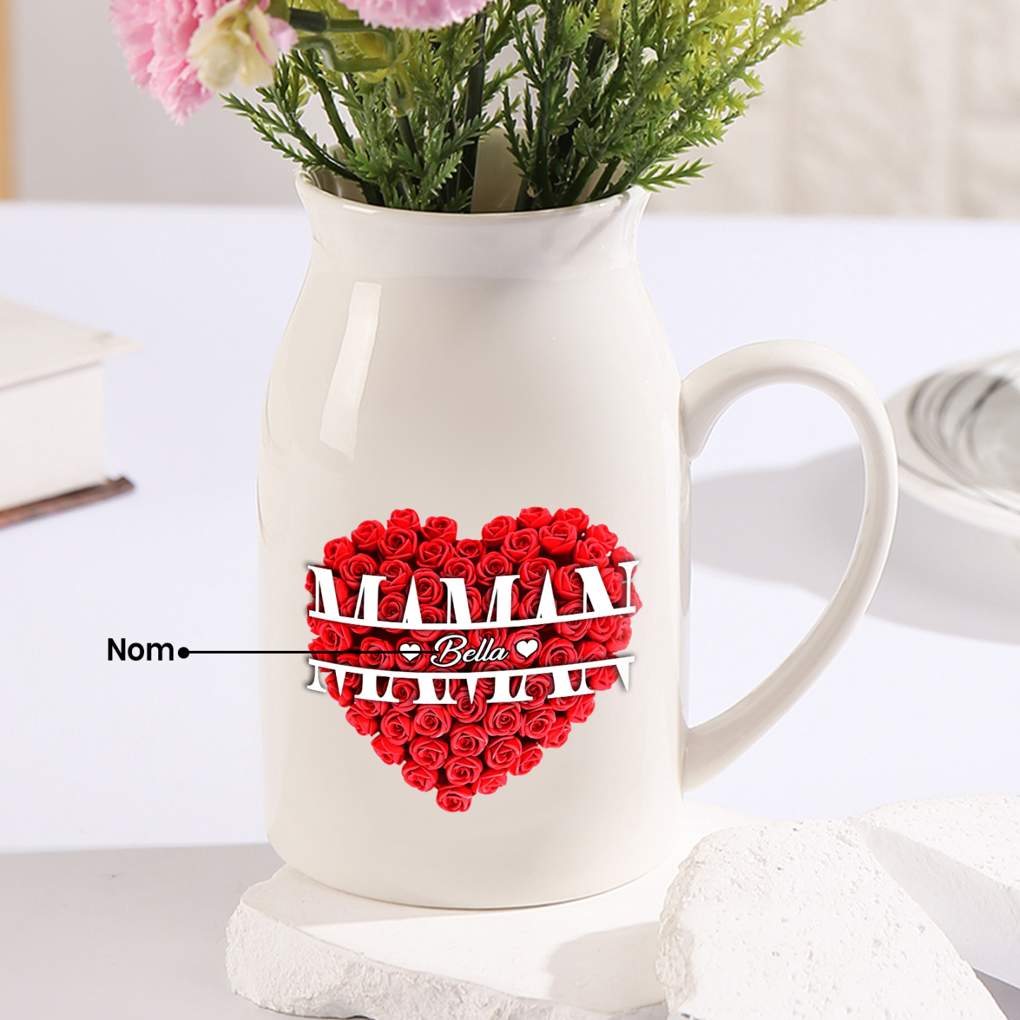 À Maman - Vase à Fleurs Personnalisé 1 Prénom Vase Céramique Roses et Cœur Décoration de la Maison (sans plantes) | Jessemade
