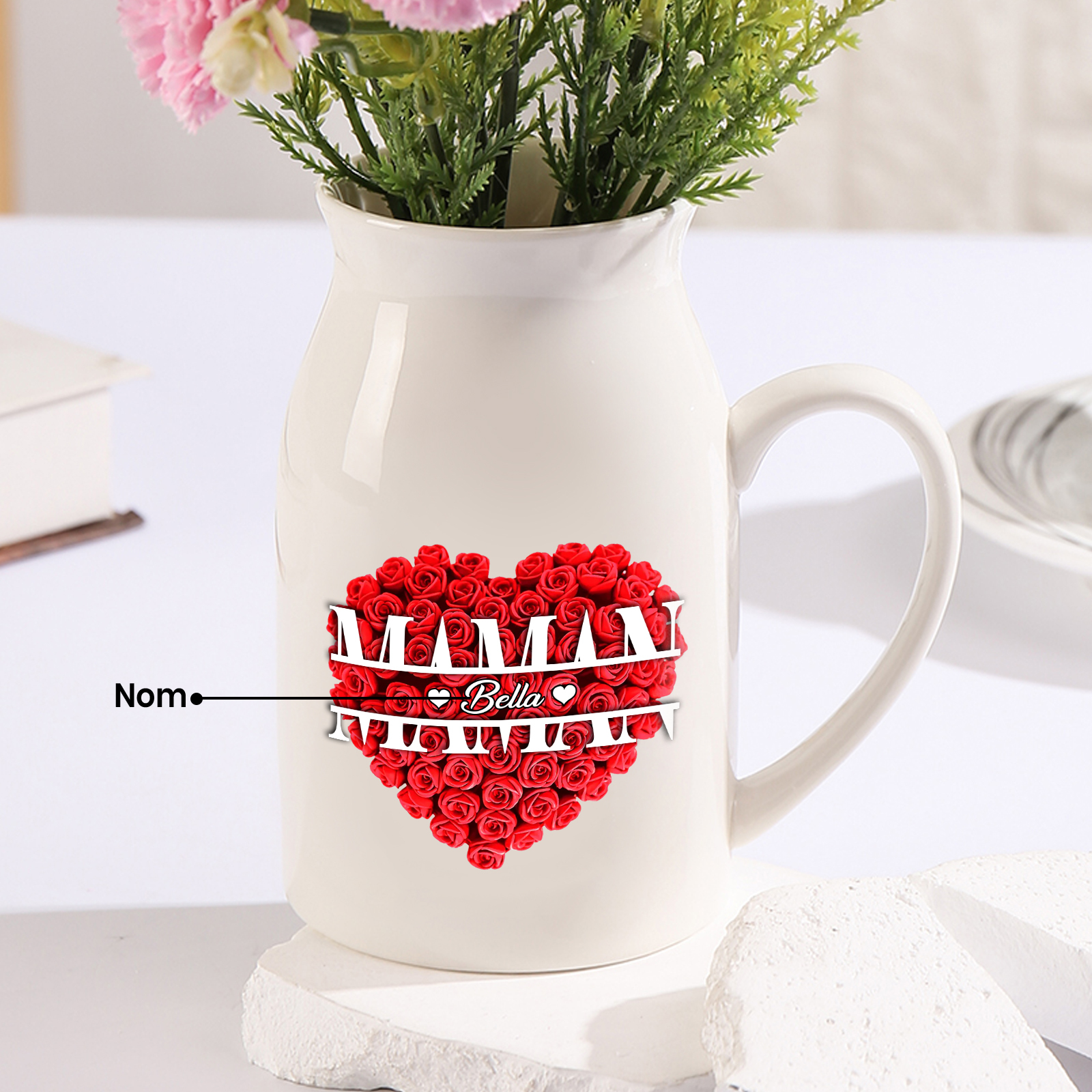 À Maman - Vase à Fleurs Personnalisé 1 Prénom Vase Céramique Roses et Cœur Décoration de la Maison (sans plantes) | Jessemade