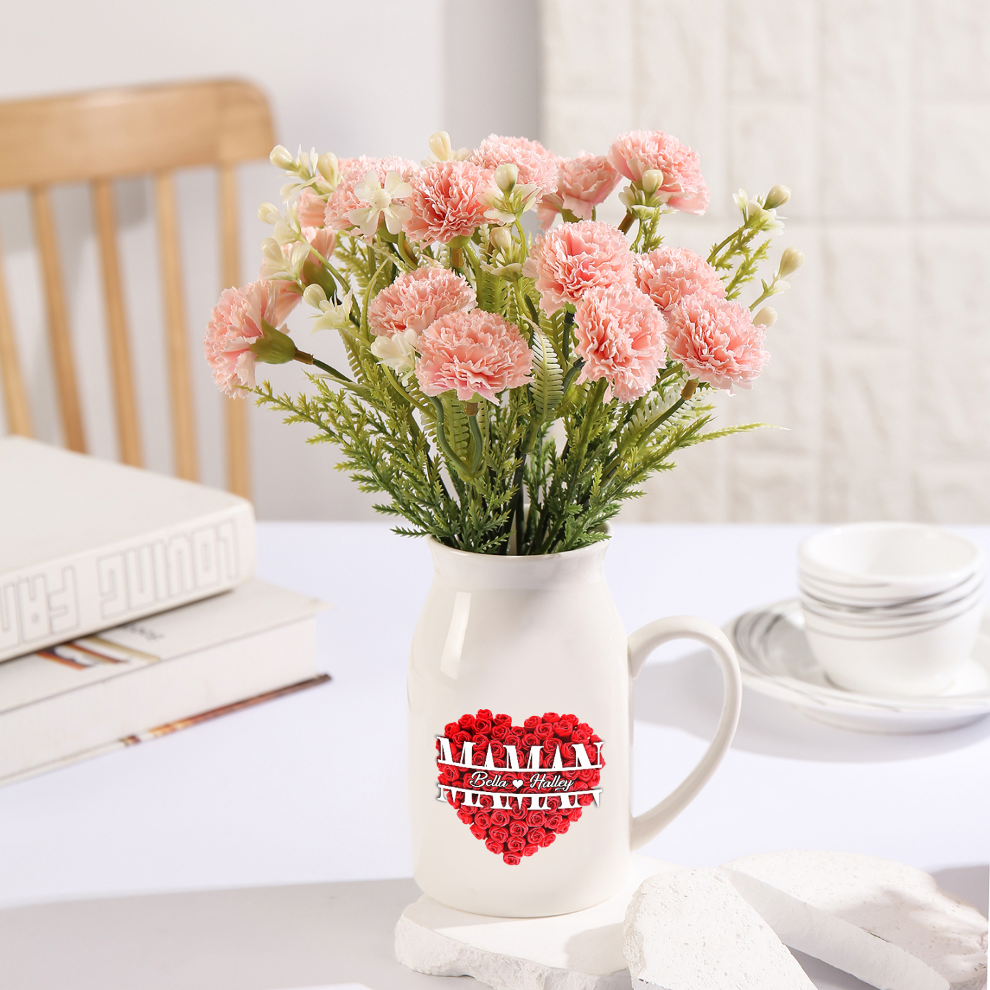 À Maman - Vase à Fleurs Personnalisé 2 Prénoms Vase Céramique Roses et Cœur Décoration de la Maison (sans plantes) | Jessemade