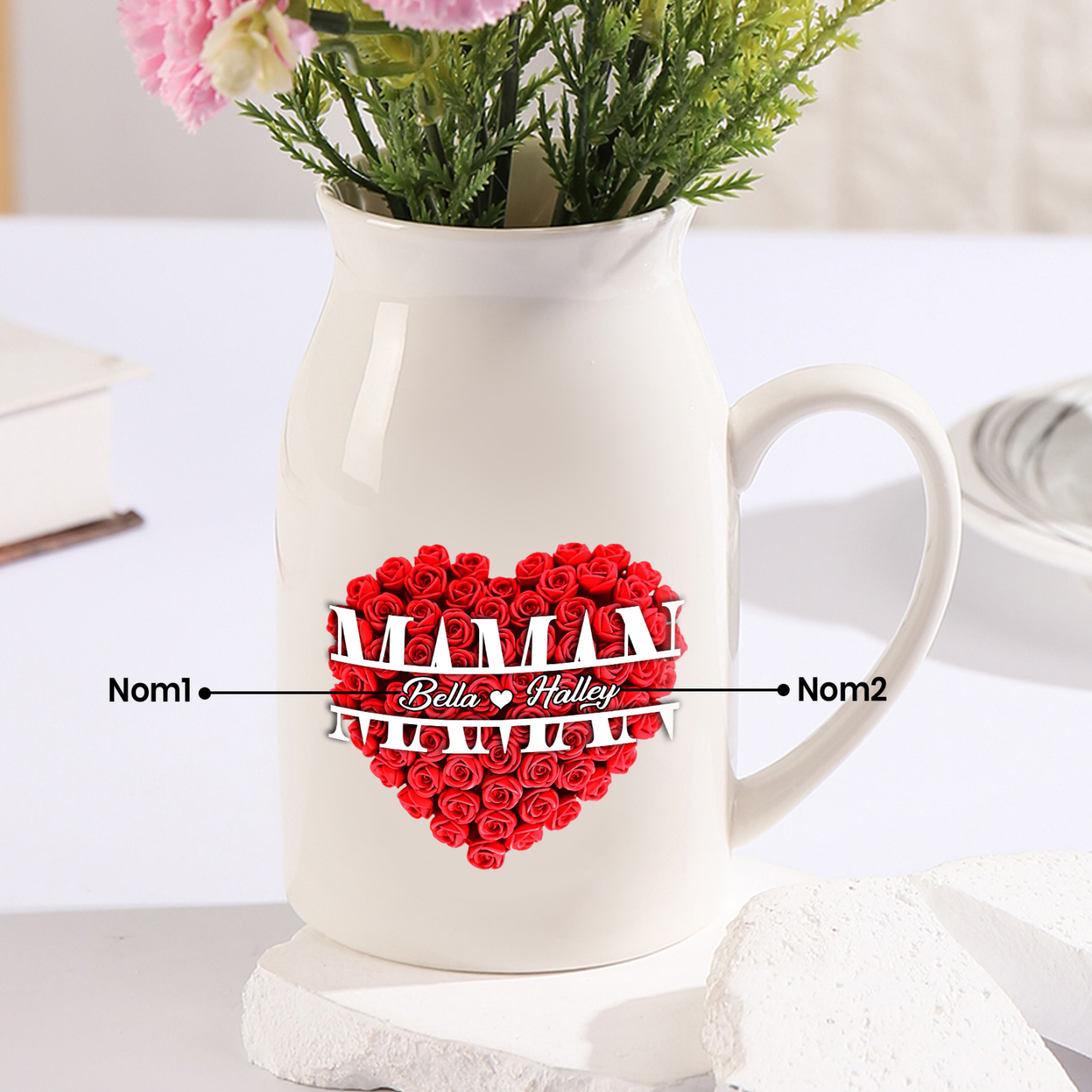 À Maman - Vase à Fleurs Personnalisé 2 Prénoms Vase Céramique Roses et Cœur Décoration de la Maison (sans plantes) | Jessemade