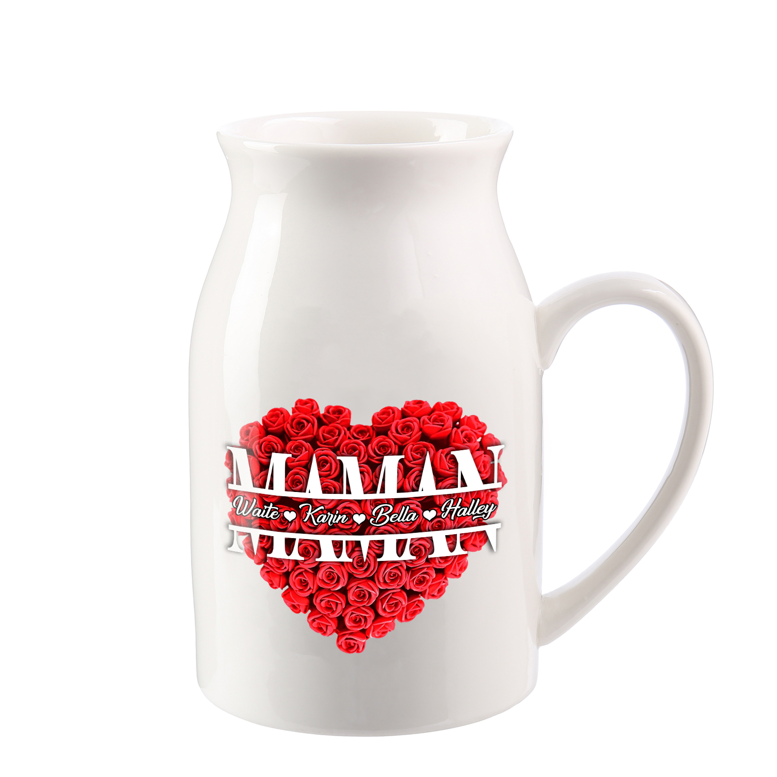 À Maman - Vase à Fleurs Personnalisé 4 Prénoms Vase Céramique Roses et Cœur Décoration de la Maison (sans plantes) | Jessemade