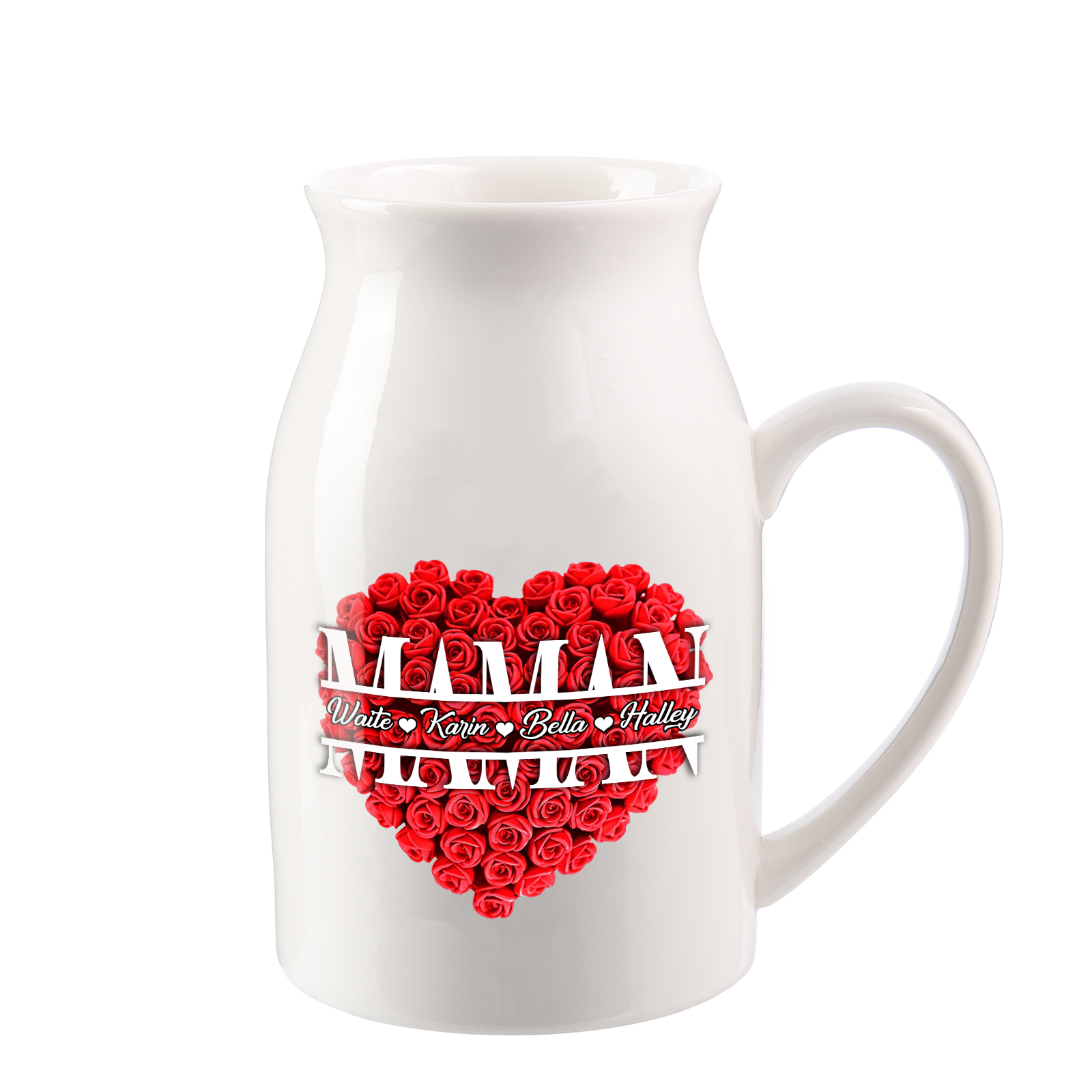 À Maman - Vase à Fleurs Personnalisé 4 Prénoms Vase Céramique Roses et Cœur Décoration de la Maison (sans plantes) | Jessemade