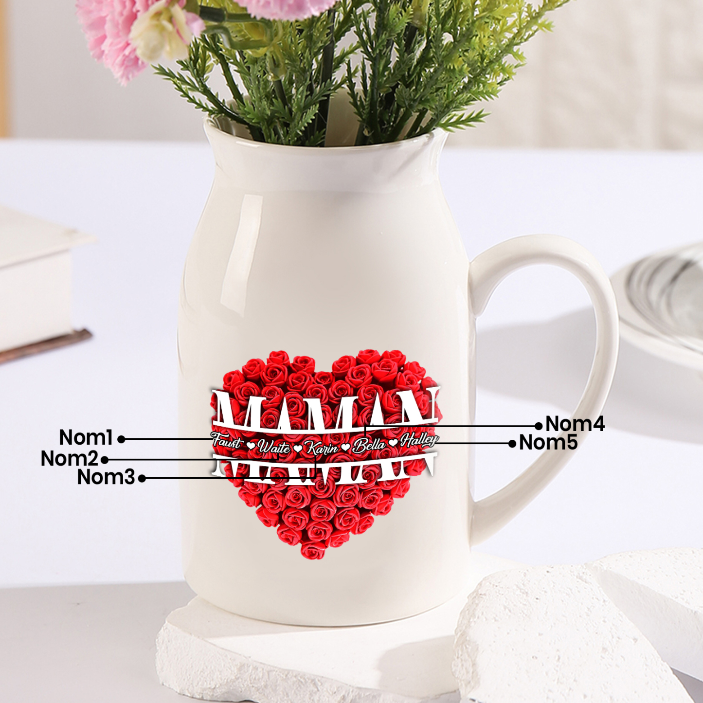 À Maman - Vase à Fleurs Personnalisé 5 Prénoms Vase Céramique Roses et Cœur Décoration de la Maison (sans plantes) | Jessemade
