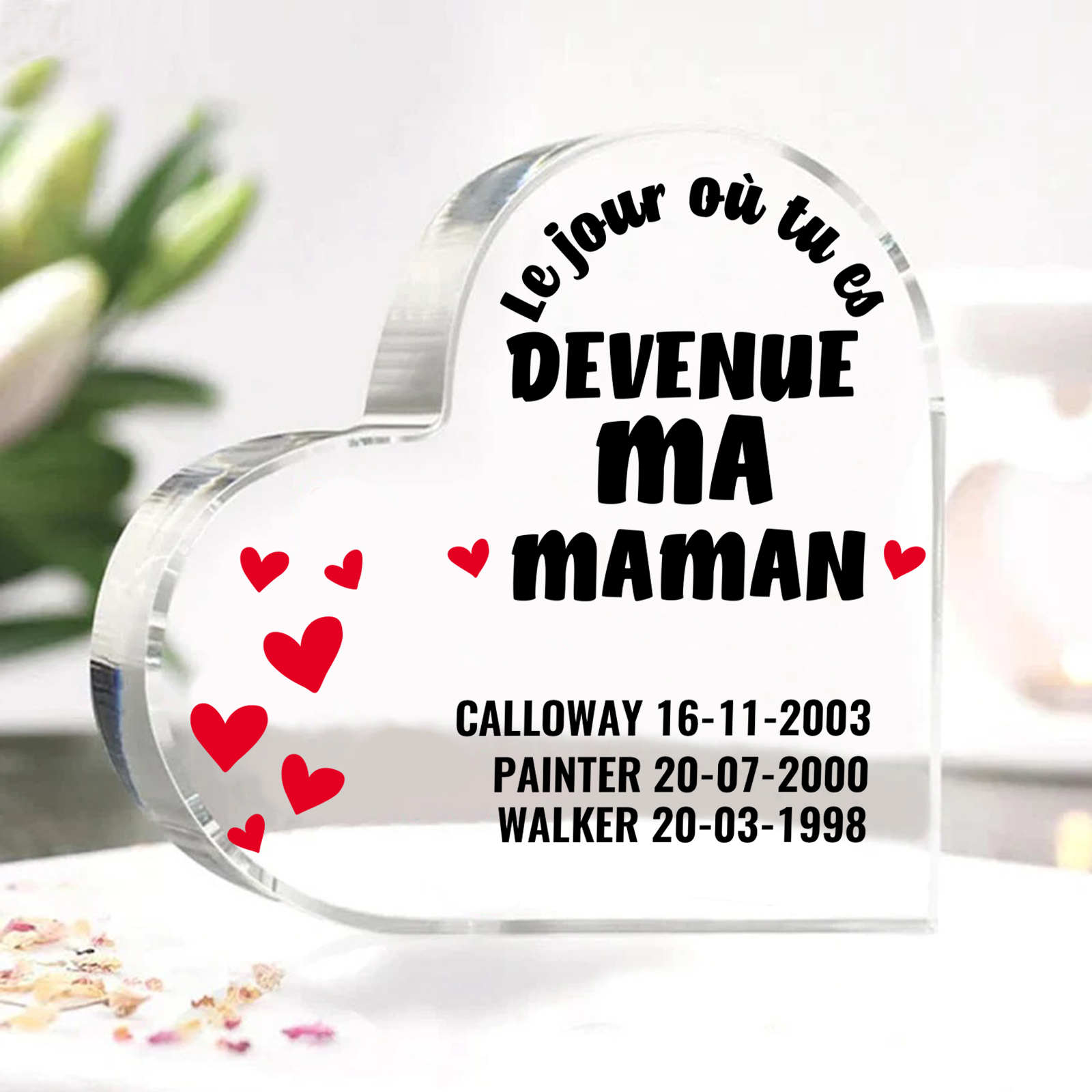 Cœur en acrylique avec 3 textes gravés personnalisés | Jessemade