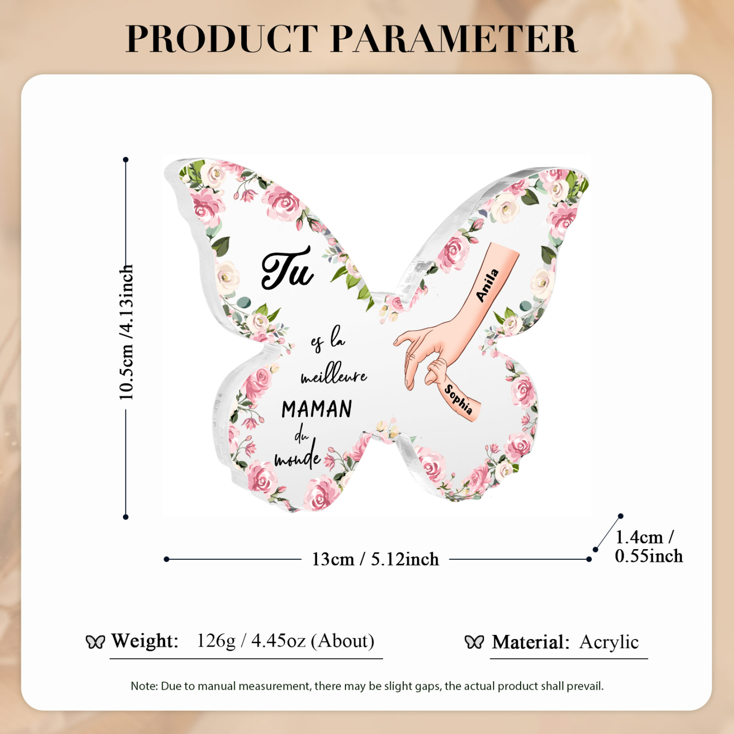 À ma Maman - Plaque Acrylique 2 Prénoms Personnalisés Décoration la Main dans la Main en forme de Papillon | Jessemade