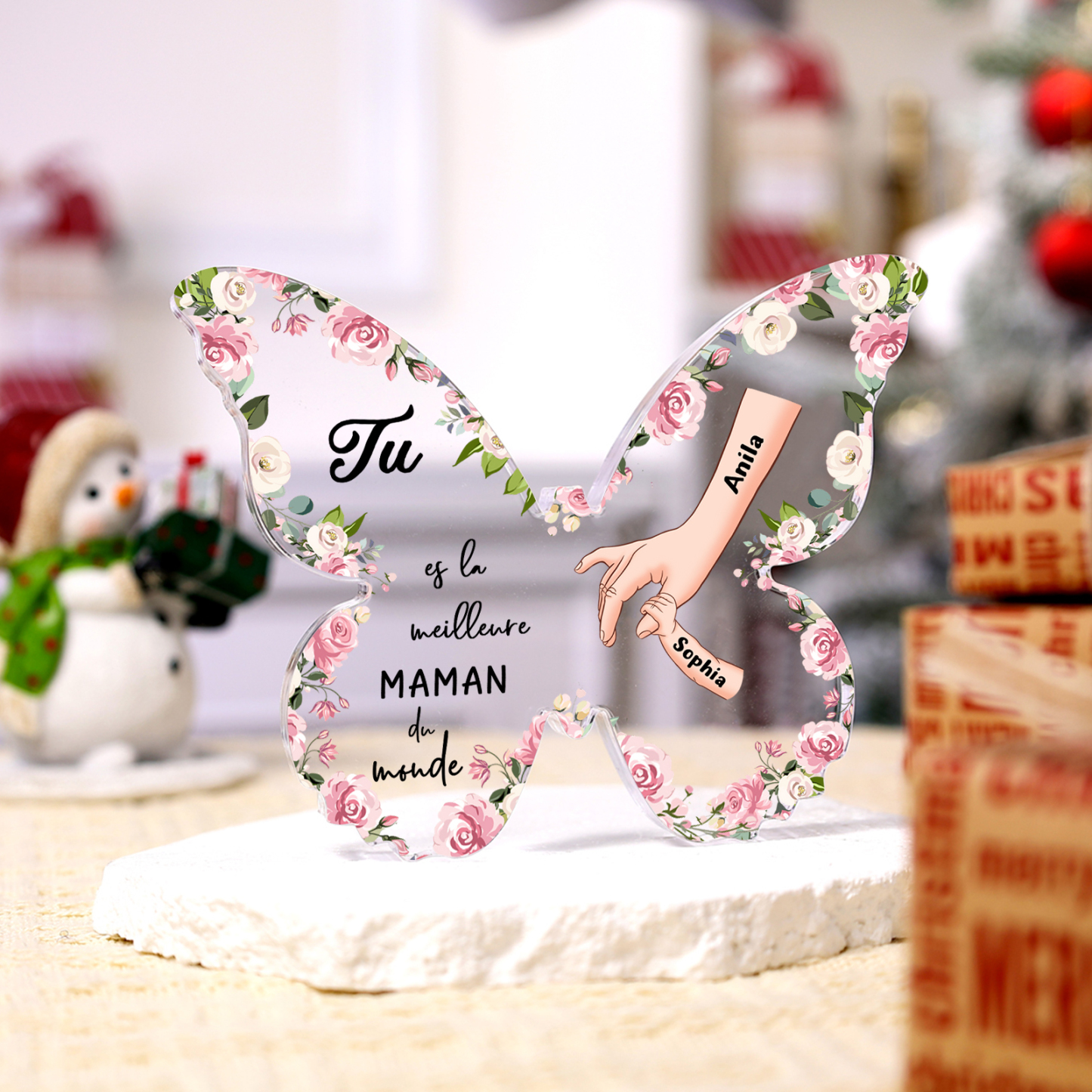 À ma Maman - Plaque Acrylique 2 Prénoms Personnalisés Décoration la Main dans la Main en forme de Papillon | Jessemade