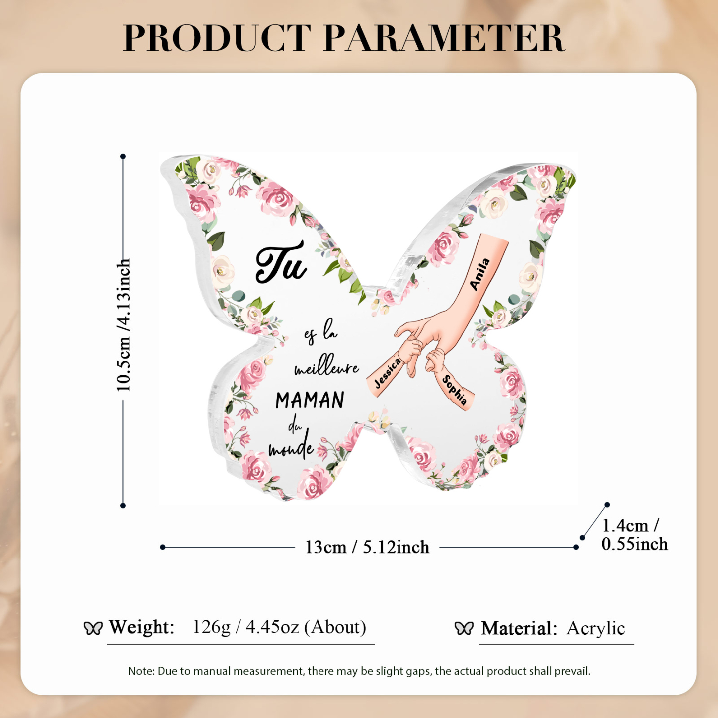 À ma Maman - Plaque Acrylique 3 Prénoms Personnalisés Décoration la Main dans la Main en forme de Papillon | Jessemade