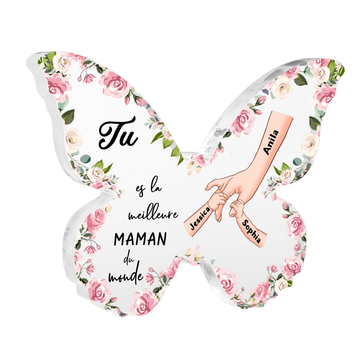 À ma Maman - Plaque Acrylique 3 Prénoms Personnalisés Décoration la Main dans la Main en forme de Papillon | Jessemade