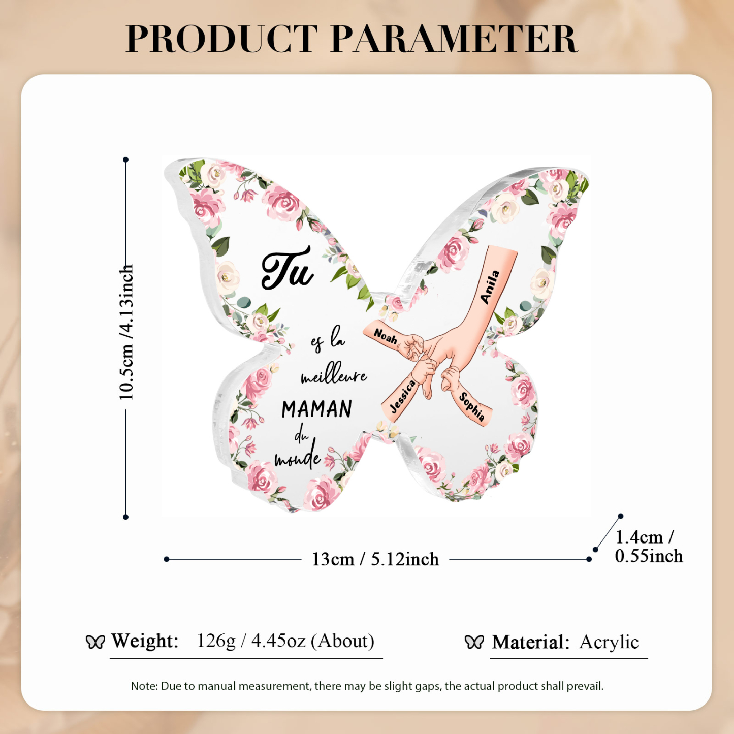 À ma Maman - Plaque Acrylique 4 Prénoms Personnalisés Décoration la Main dans la Main en forme de Papillon | Jessemade
