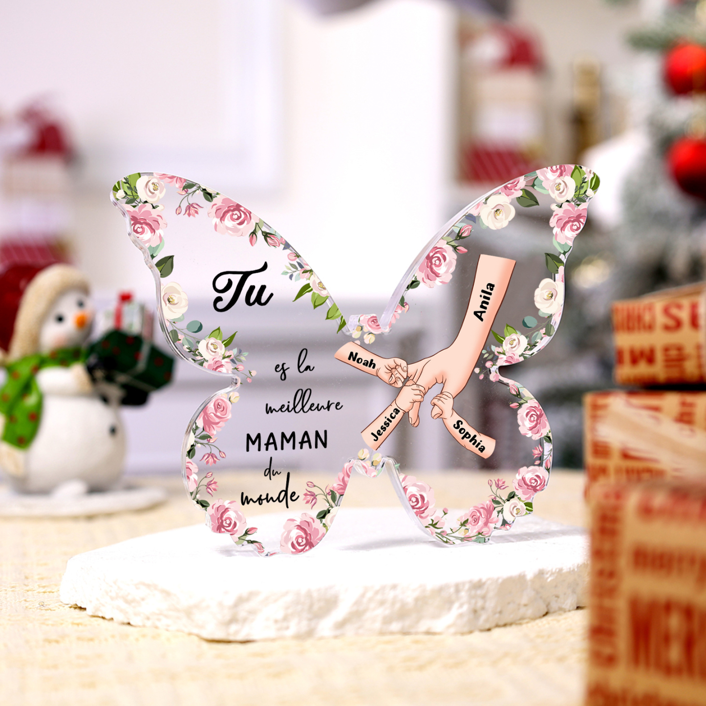 À ma Maman - Plaque Acrylique 4 Prénoms Personnalisés Décoration la Main dans la Main en forme de Papillon | Jessemade