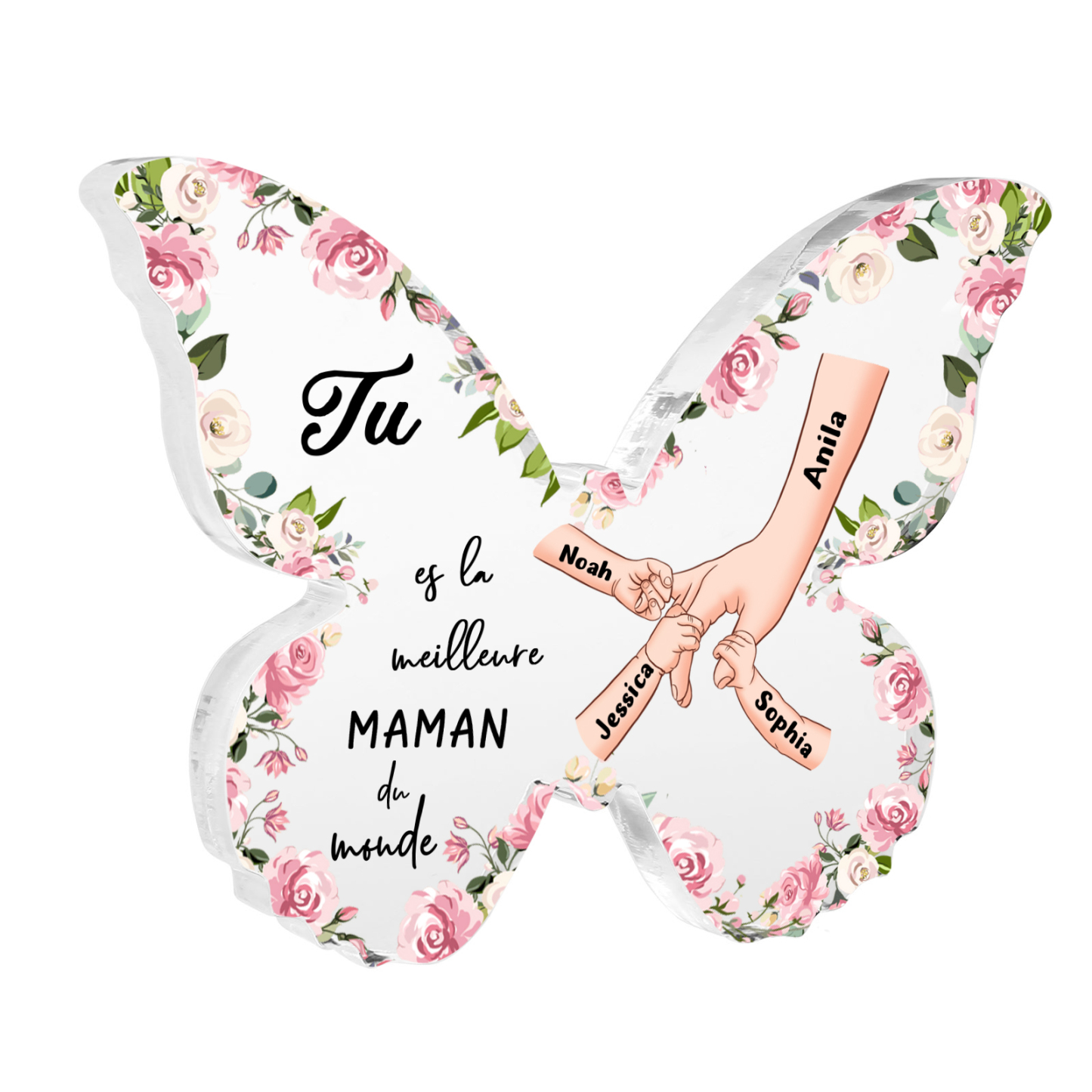 À ma Maman - Plaque Acrylique 4 Prénoms Personnalisés Décoration la Main dans la Main en forme de Papillon | Jessemade