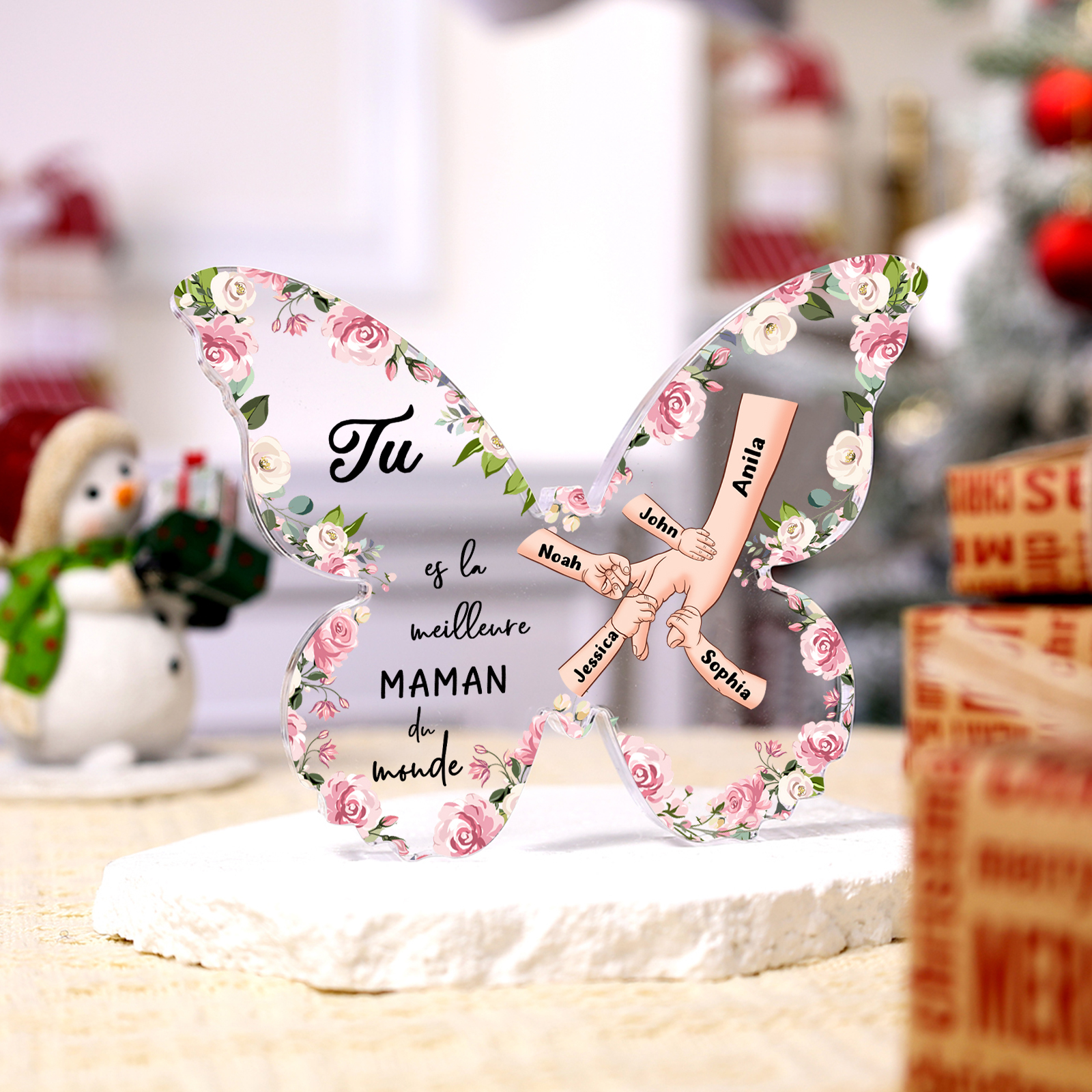 À ma Maman - Plaque Acrylique 5 Prénoms Personnalisés Décoration la Main dans la Main en forme de Papillon | Jessemade