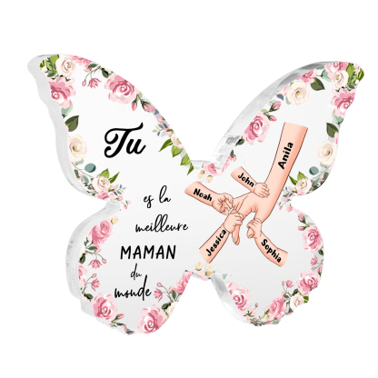 À ma Maman - Plaque Acrylique 5 Prénoms Personnalisés Décoration la Main dans la Main en forme de Papillon | Jessemade