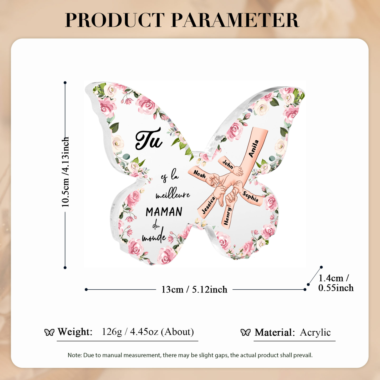 À ma Maman - Plaque Acrylique 6 Prénoms Personnalisés Décoration la Main dans la Main en forme de Papillon | Jessemade