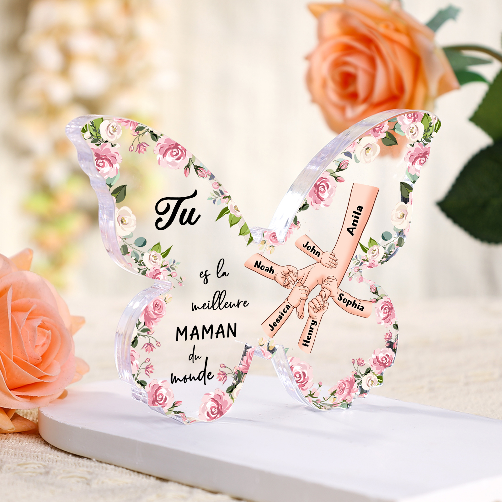 À ma Maman - Plaque Acrylique 6 Prénoms Personnalisés Décoration la Main dans la Main en forme de Papillon | Jessemade