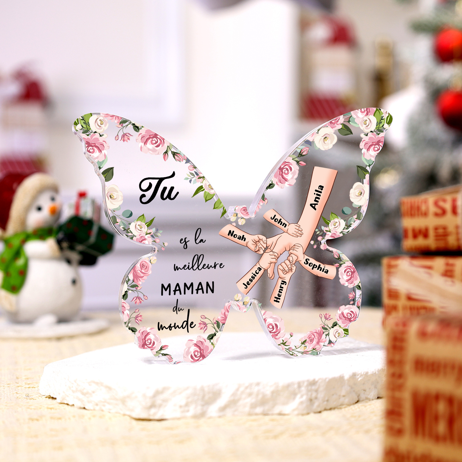 À ma Maman - Plaque Acrylique 6 Prénoms Personnalisés Décoration la Main dans la Main en forme de Papillon | Jessemade