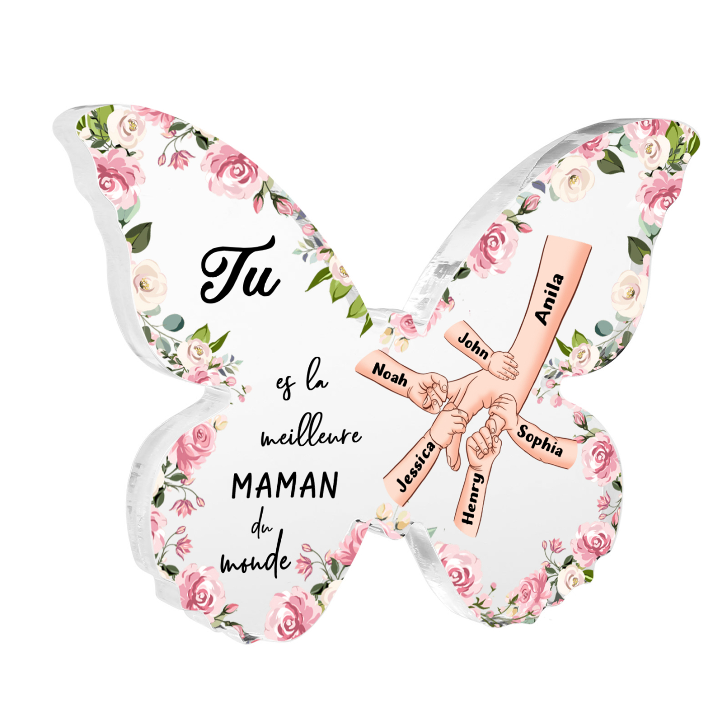 À ma Maman - Plaque Acrylique 6 Prénoms Personnalisés Décoration la Main dans la Main en forme de Papillon | Jessemade