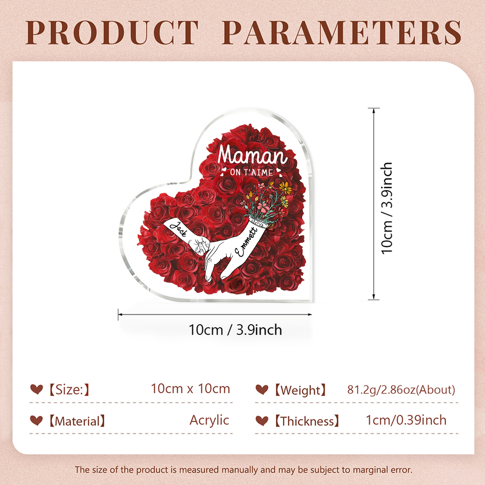 À ma Maman/Mamie-Plaque Acrylique Rose avec 2 Prénoms et 2 Textes Personnalisés Décoration la main dans la mian| Jessemade