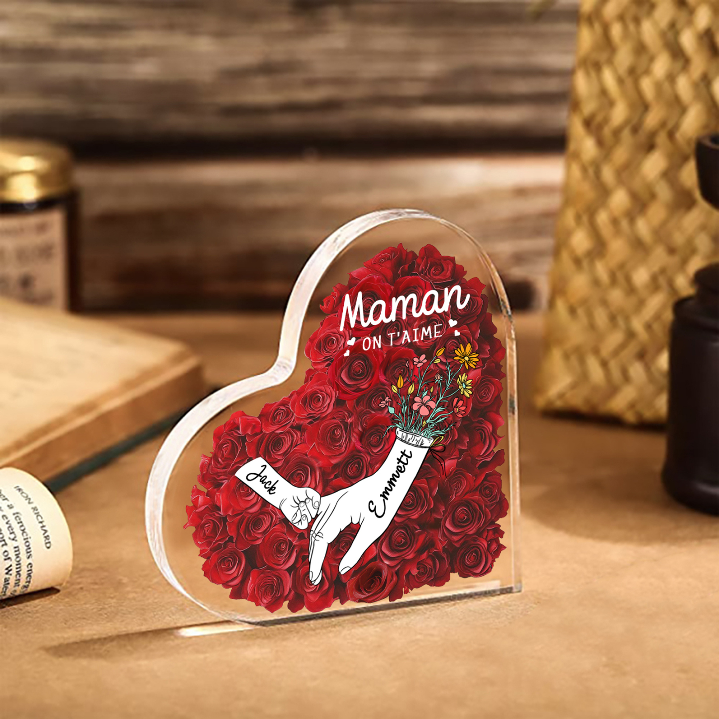 À ma Maman/Mamie-Plaque Acrylique Rose avec 2 Prénoms et 2 Textes Personnalisés Décoration la main dans la mian| Jessemade