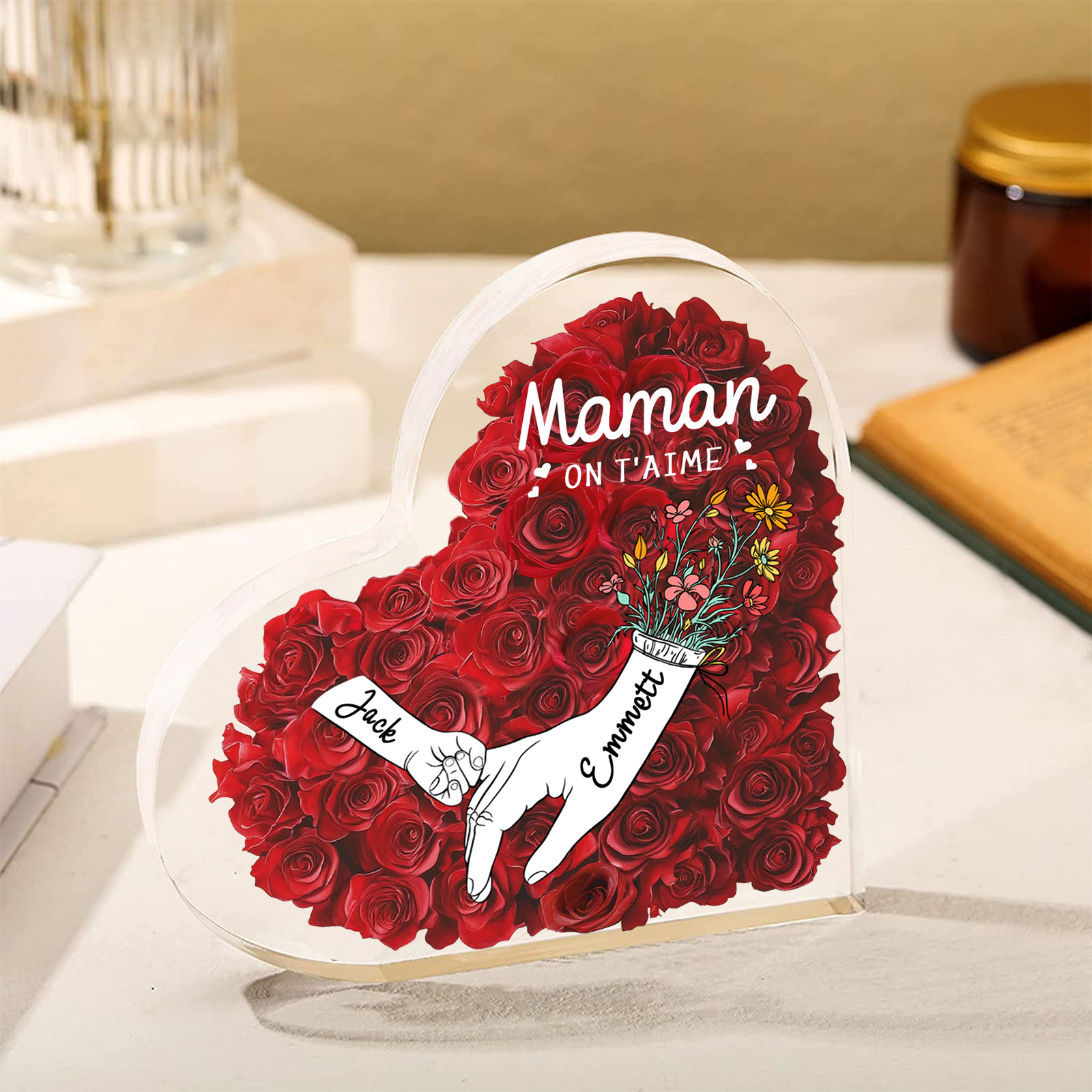 À ma Maman/Mamie-Plaque Acrylique Rose avec 2 Prénoms et 2 Textes Personnalisés Décoration la main dans la mian| Jessemade