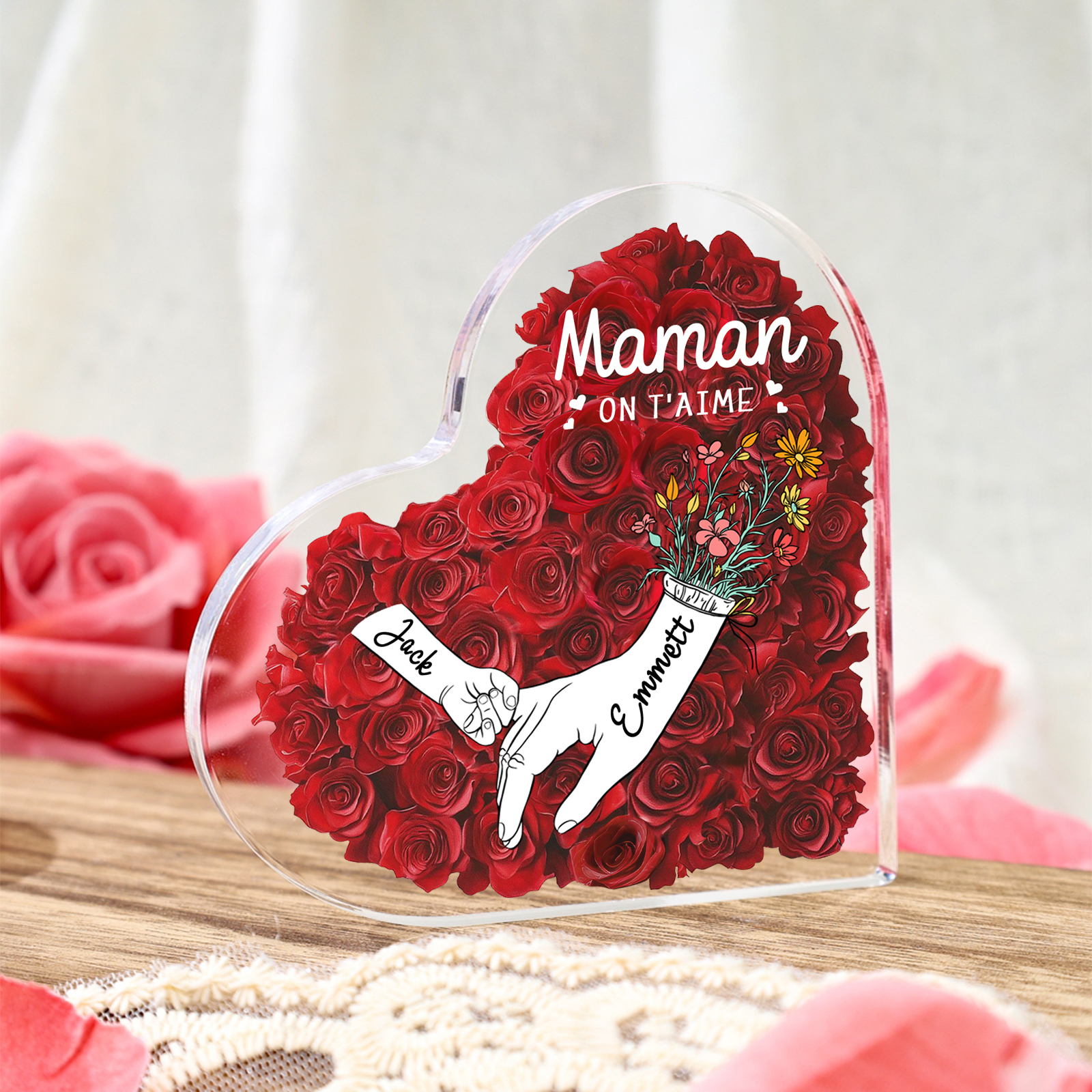 À ma Maman/Mamie-Plaque Acrylique Rose avec 2 Prénoms et 2 Textes Personnalisés Décoration la main dans la mian| Jessemade