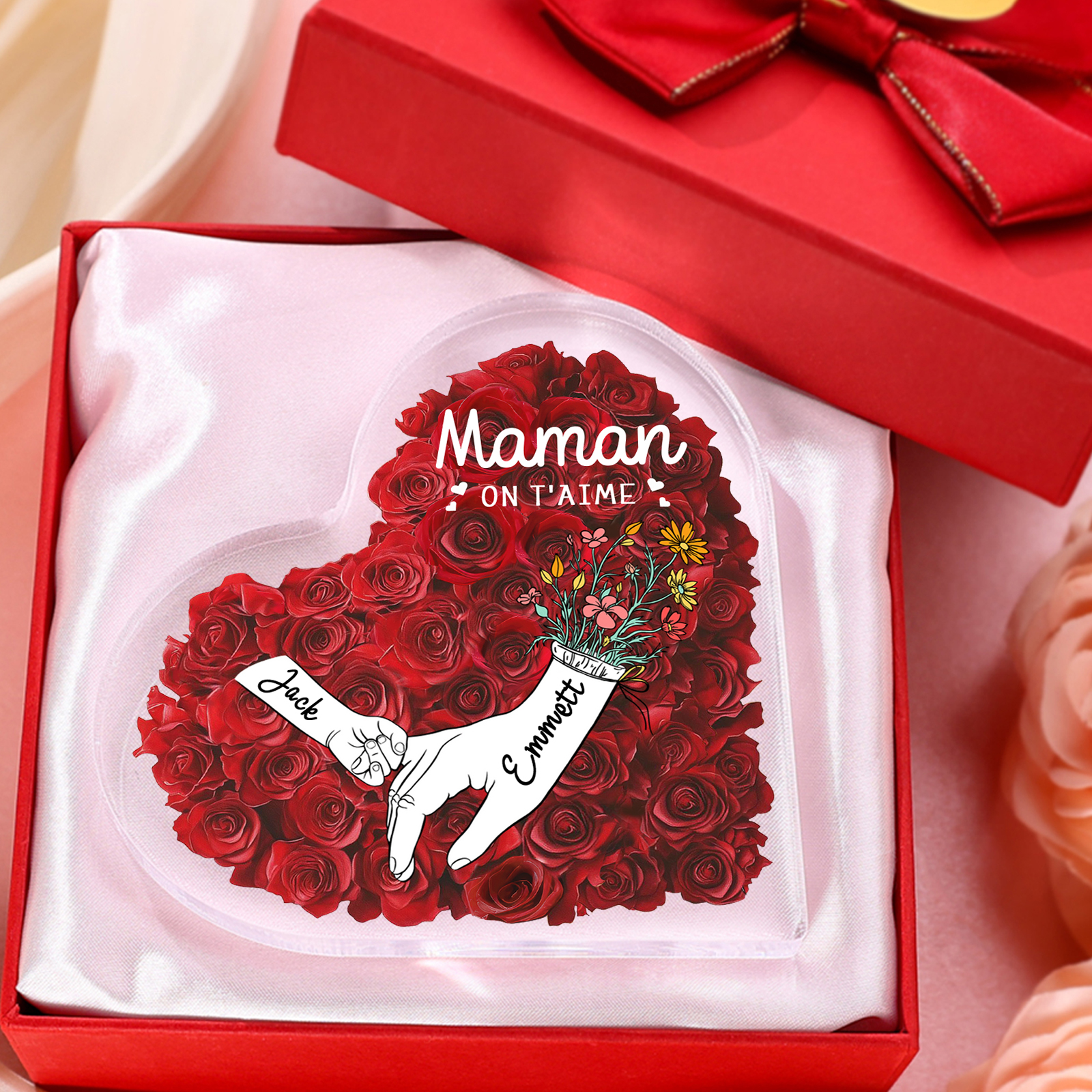 À ma Maman/Mamie-Plaque Acrylique Rose avec 2 Prénoms et 2 Textes Personnalisés Décoration la main dans la mian| Jessemade