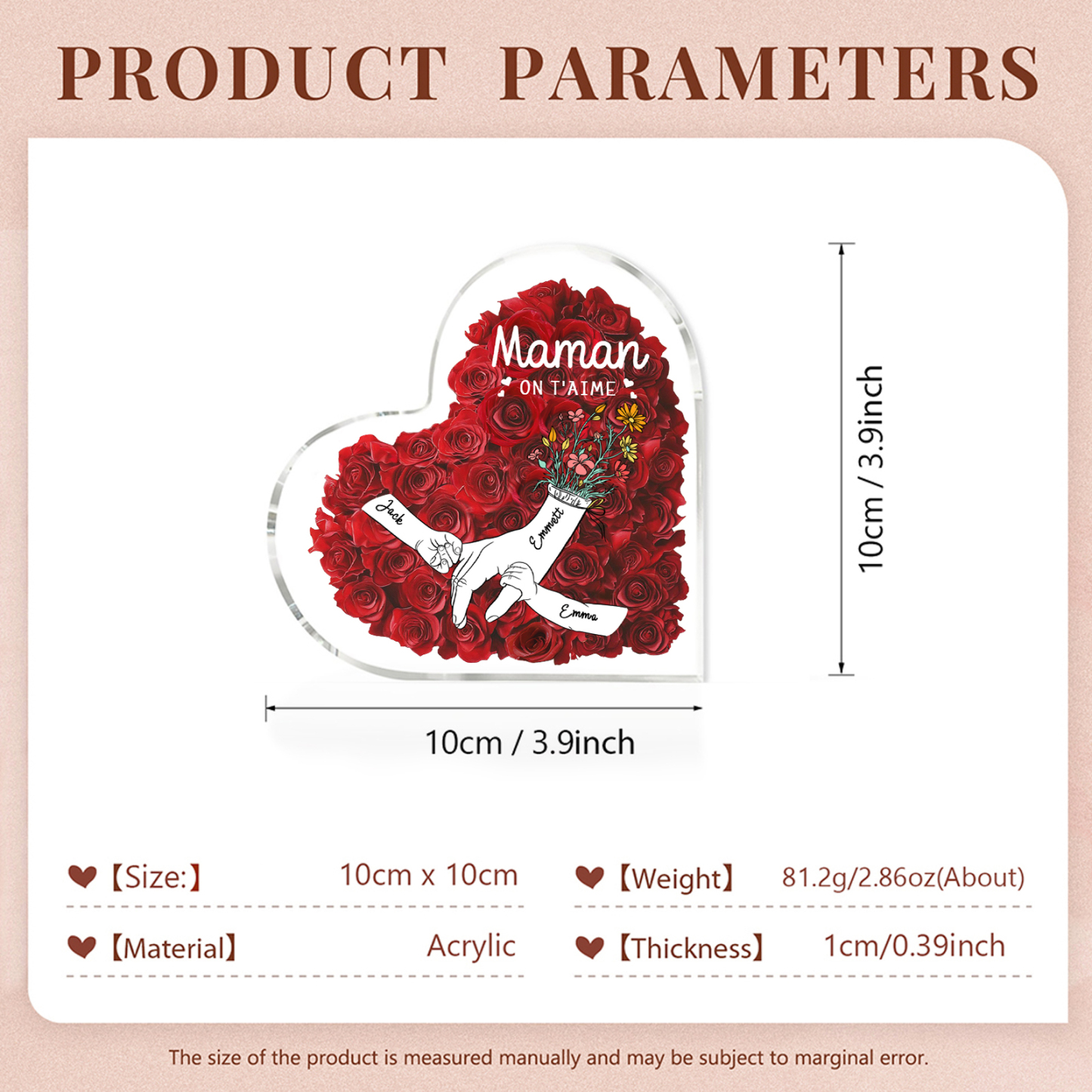 À ma Maman/Mamie-Plaque Acrylique Rose avec 3 Prénoms et 2 Textes Personnalisés Décoration la main dans la main | Jessemade