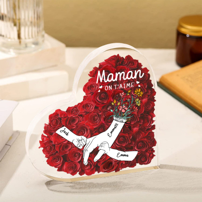 À ma Maman/Mamie-Plaque Acrylique Rose avec 3 Prénoms et 2 Textes Personnalisés Décoration la main dans la main | Jessemade