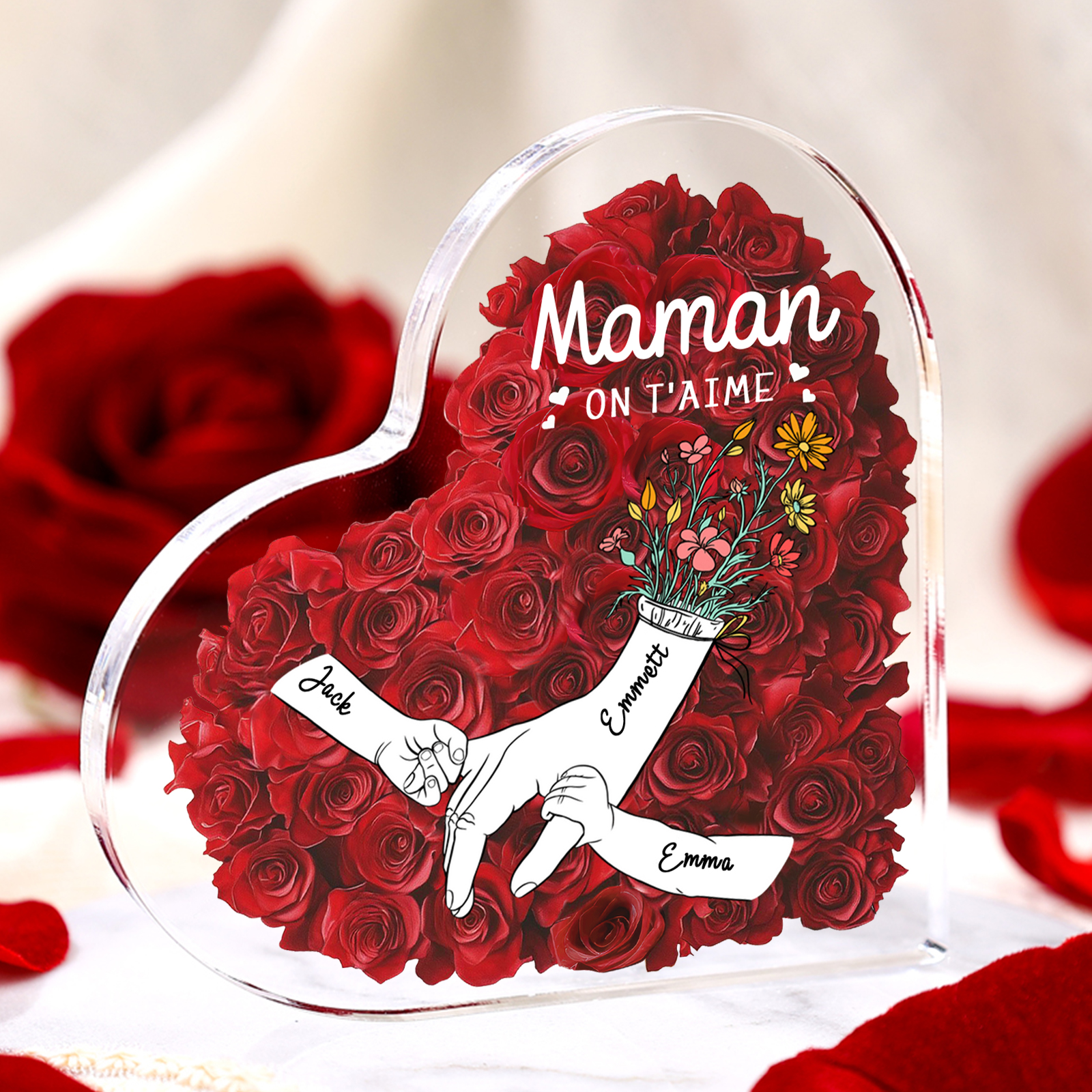 À ma Maman/Mamie-Plaque Acrylique Rose avec 3 Prénoms et 2 Textes Personnalisés Décoration la main dans la main | Jessemade