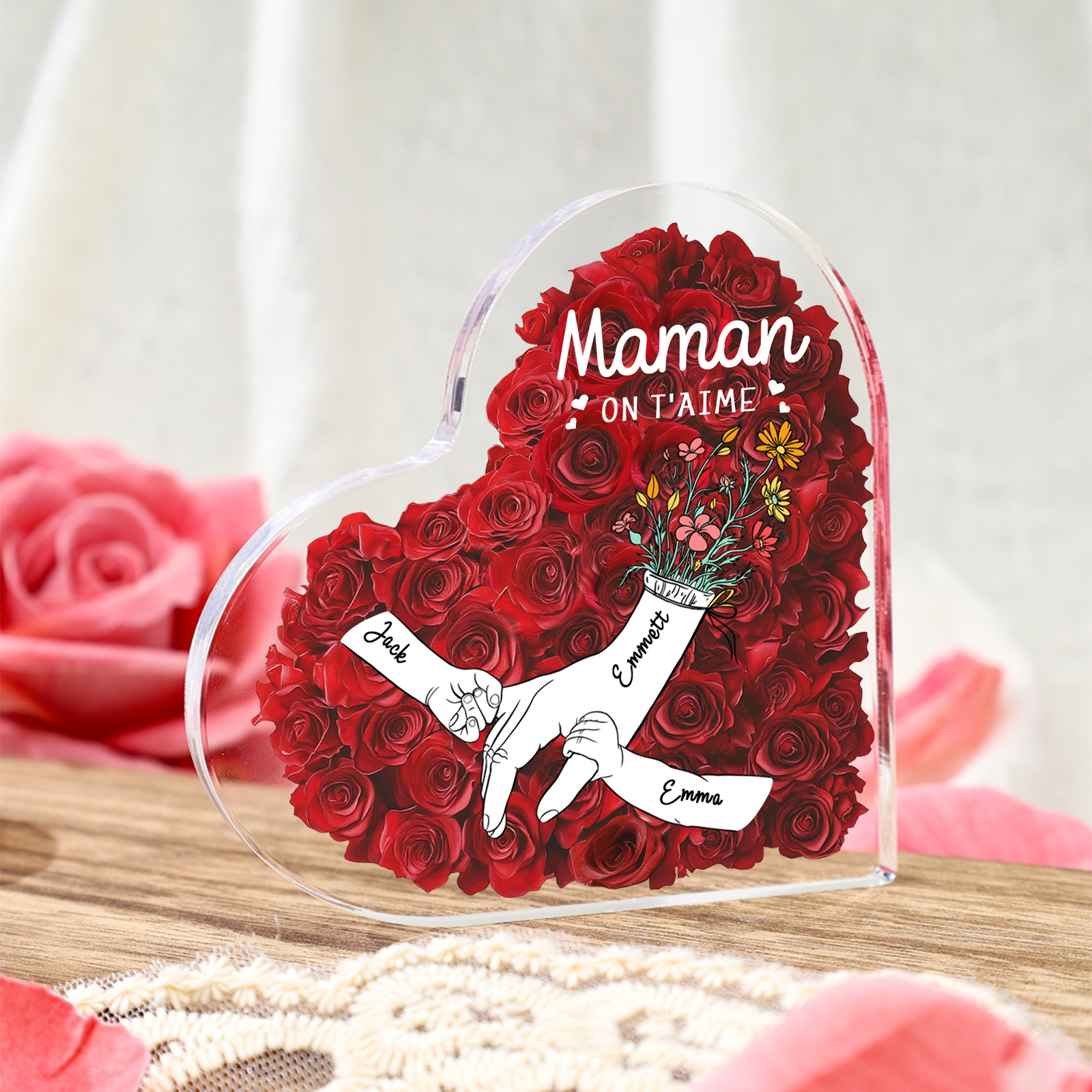 À ma Maman/Mamie-Plaque Acrylique Rose avec 3 Prénoms et 2 Textes Personnalisés Décoration la main dans la main | Jessemade
