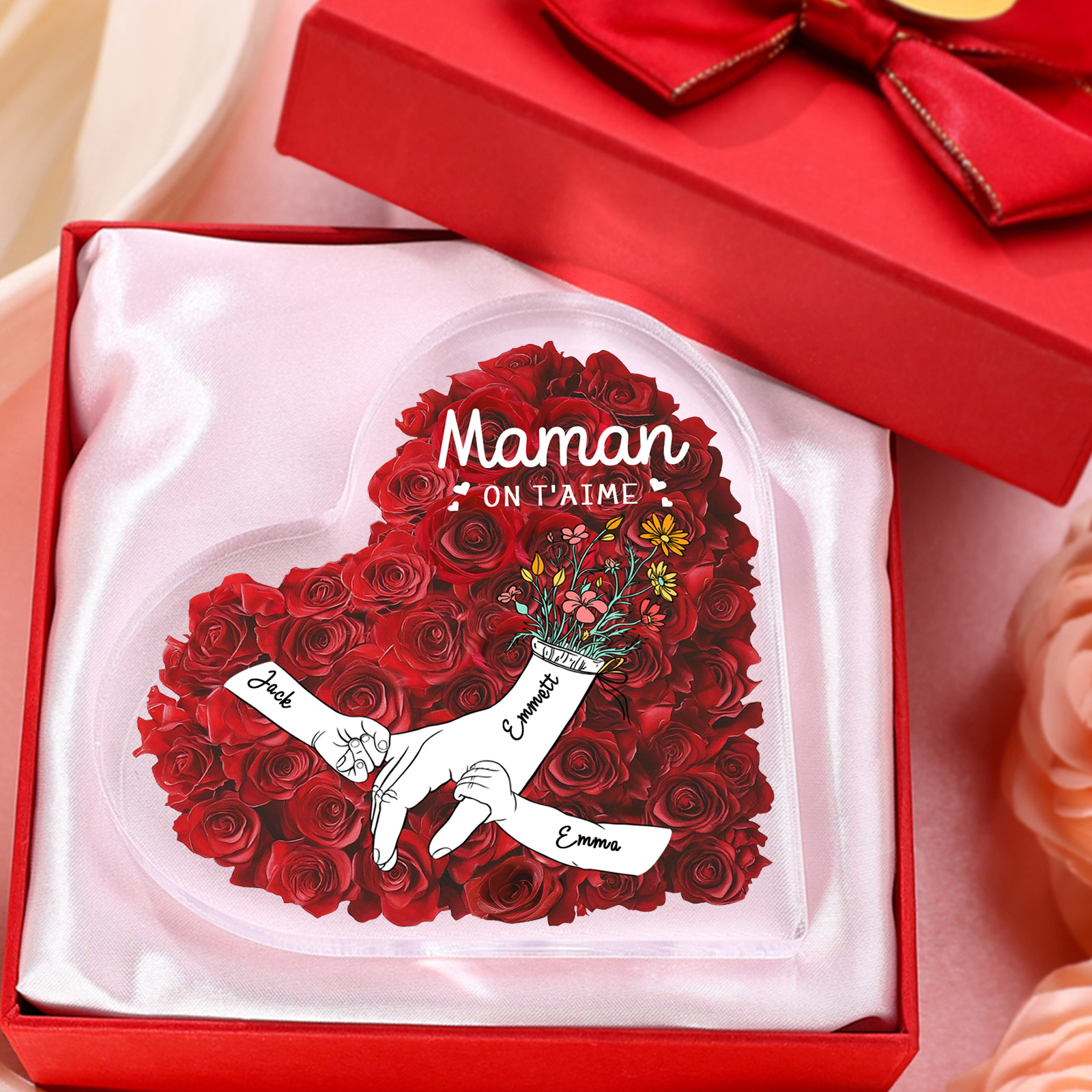 À ma Maman/Mamie-Plaque Acrylique Rose avec 3 Prénoms et 2 Textes Personnalisés Décoration la main dans la main | Jessemade