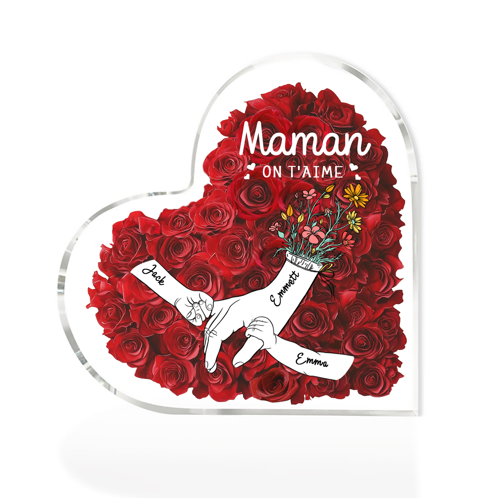 À ma Maman/Mamie-Plaque Acrylique Rose avec 3 Prénoms et 2 Textes Personnalisés Décoration la main dans la main | Jessemade