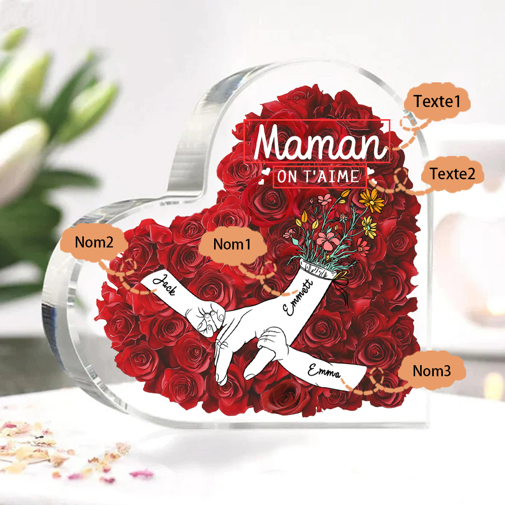 À ma Maman/Mamie-Plaque Acrylique Rose avec 3 Prénoms et 2 Textes Personnalisés Décoration la main dans la main | Jessemade