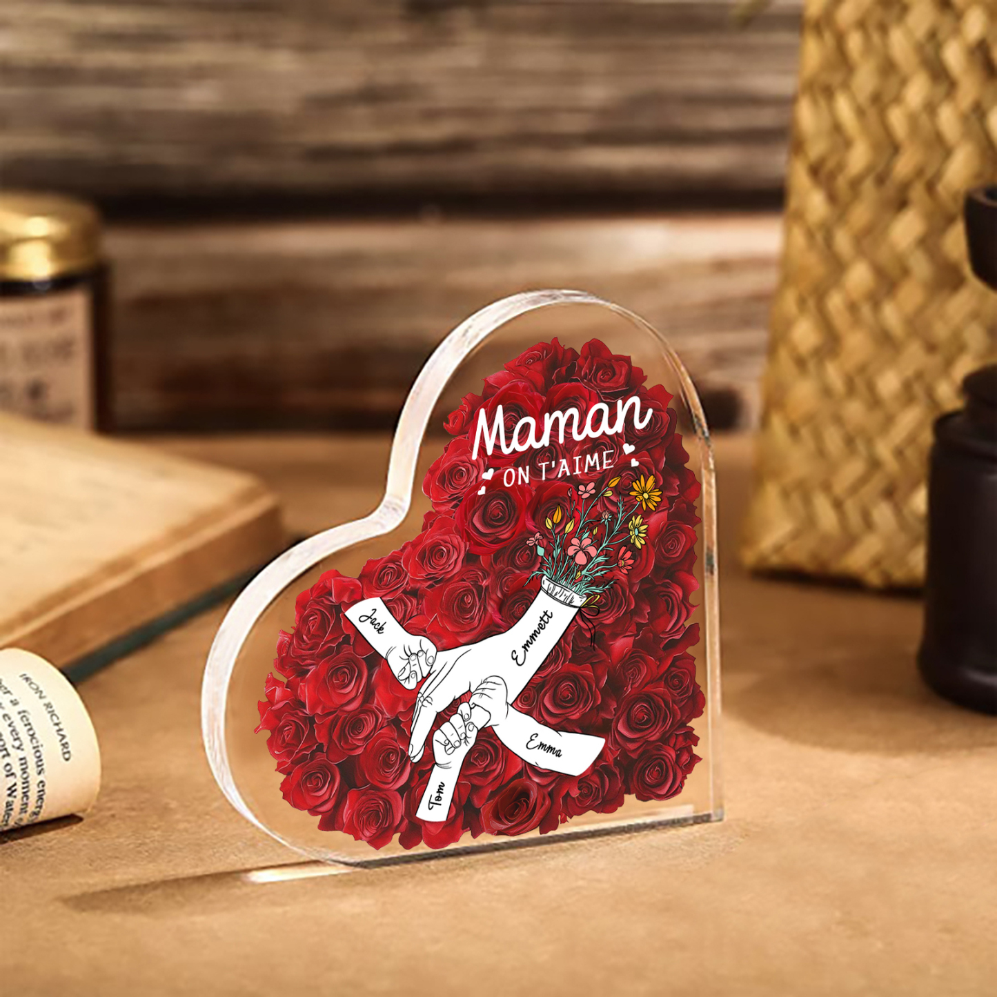 À ma Maman/Mamie-Plaque Acrylique Rose avec 4 Prénoms et 2 Textes Personnalisés Décoration la main dans la main | Jessemade
