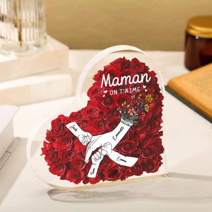 À ma Maman/Mamie-Plaque Acrylique Rose avec 4 Prénoms et 2 Textes Personnalisés Décoration la main dans la main | Jessemade