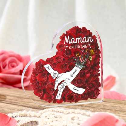 À ma Maman/Mamie-Plaque Acrylique Rose avec 4 Prénoms et 2 Textes Personnalisés Décoration la main dans la main | Jessemade