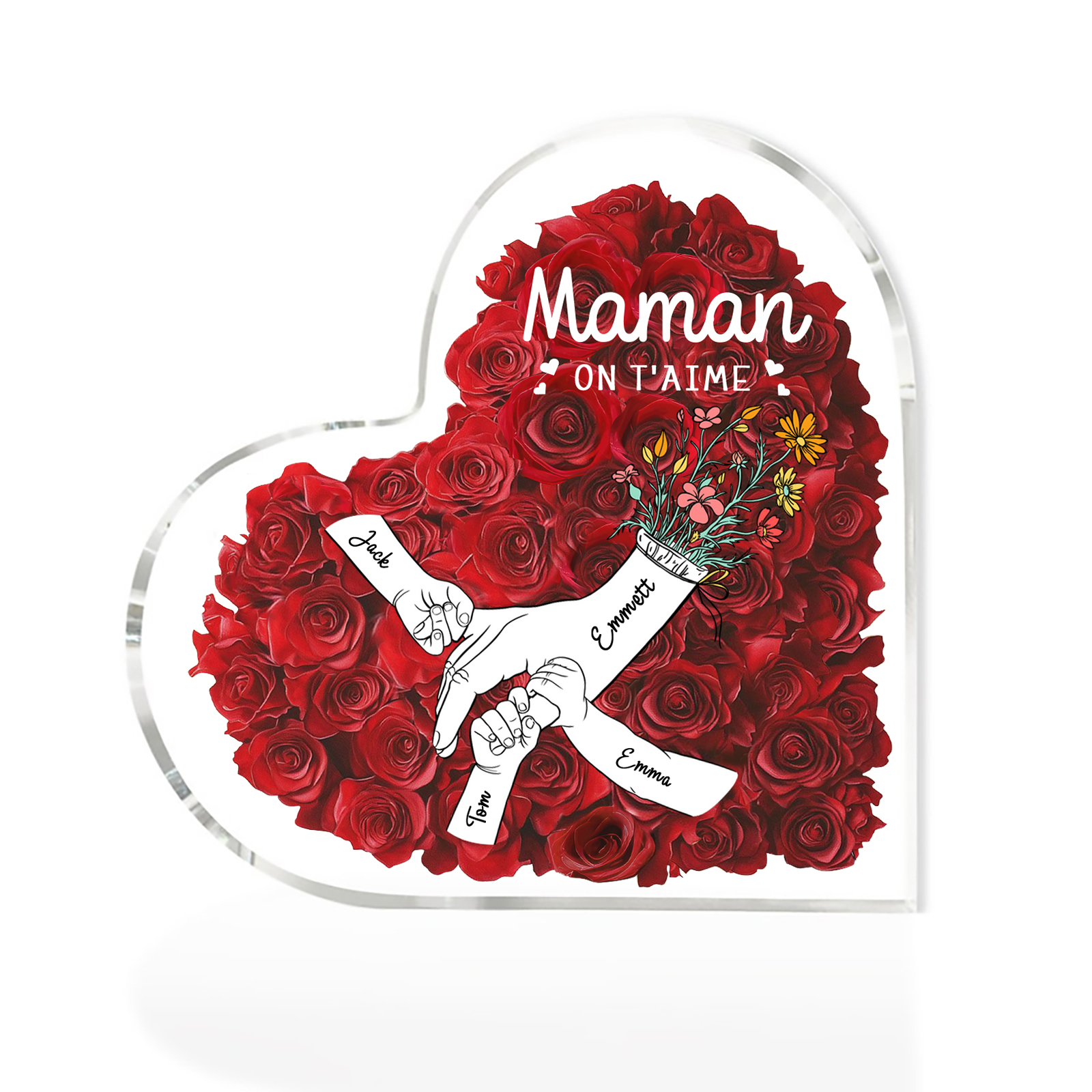 À ma Maman/Mamie-Plaque Acrylique Rose avec 4 Prénoms et 2 Textes Personnalisés Décoration la main dans la main | Jessemade