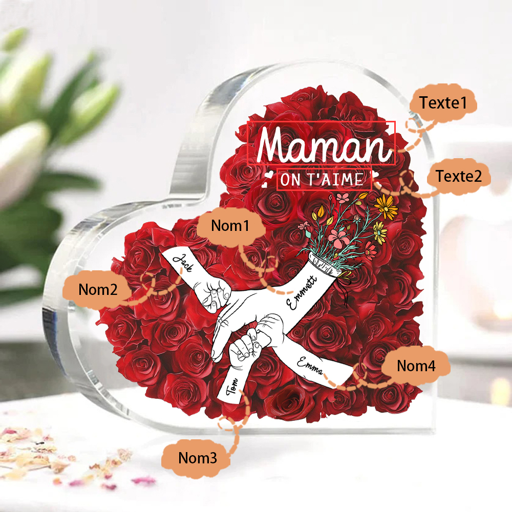 À ma Maman/Mamie-Plaque Acrylique Rose avec 4 Prénoms et 2 Textes Personnalisés Décoration la main dans la main | Jessemade