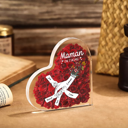 À ma Maman/Mamie-Plaque Acrylique Rose avec 5 Prénoms et 2 Textes Personnalisés Décoration la main dans la main | Jessemade