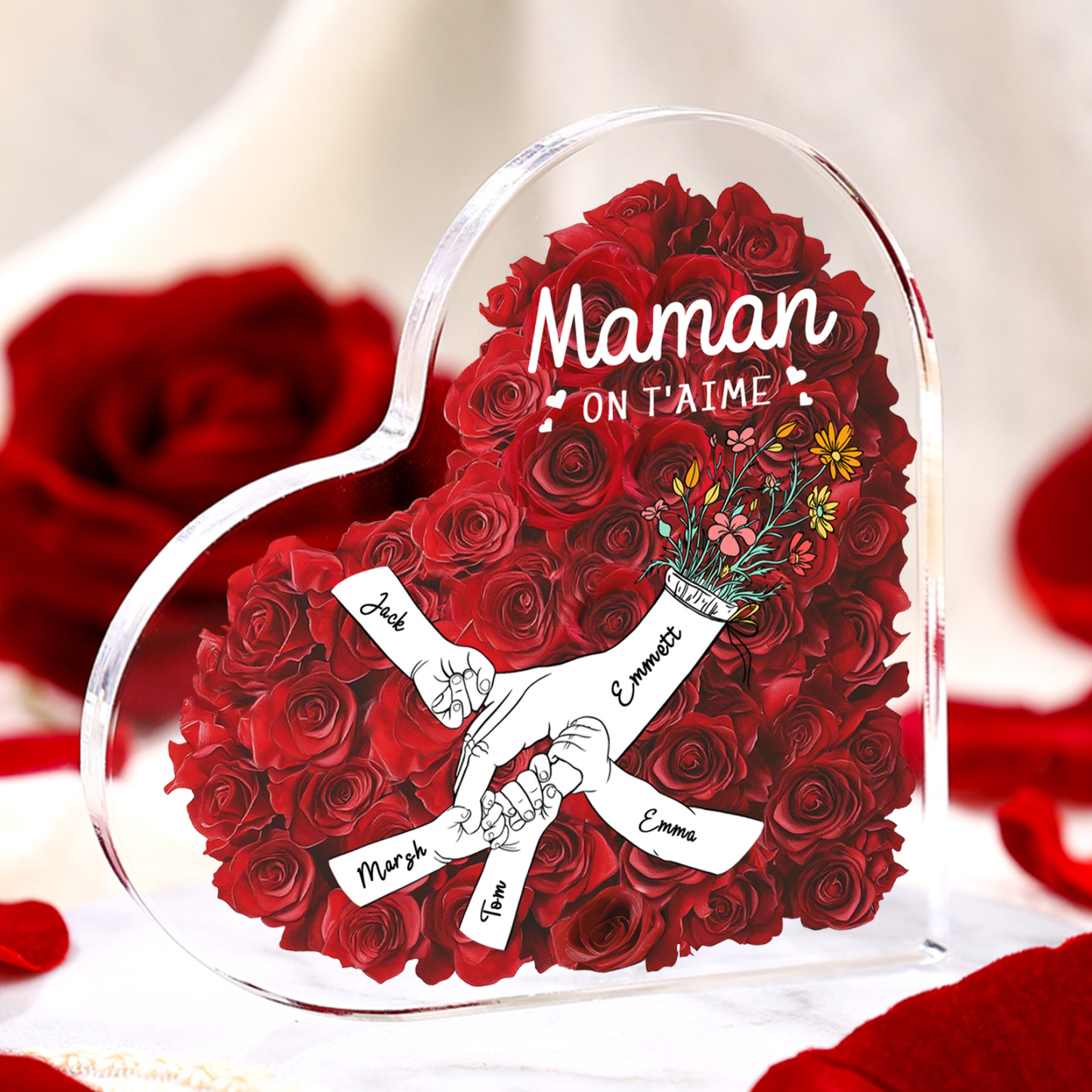 À ma Maman/Mamie-Plaque Acrylique Rose avec 5 Prénoms et 2 Textes Personnalisés Décoration la main dans la main | Jessemade