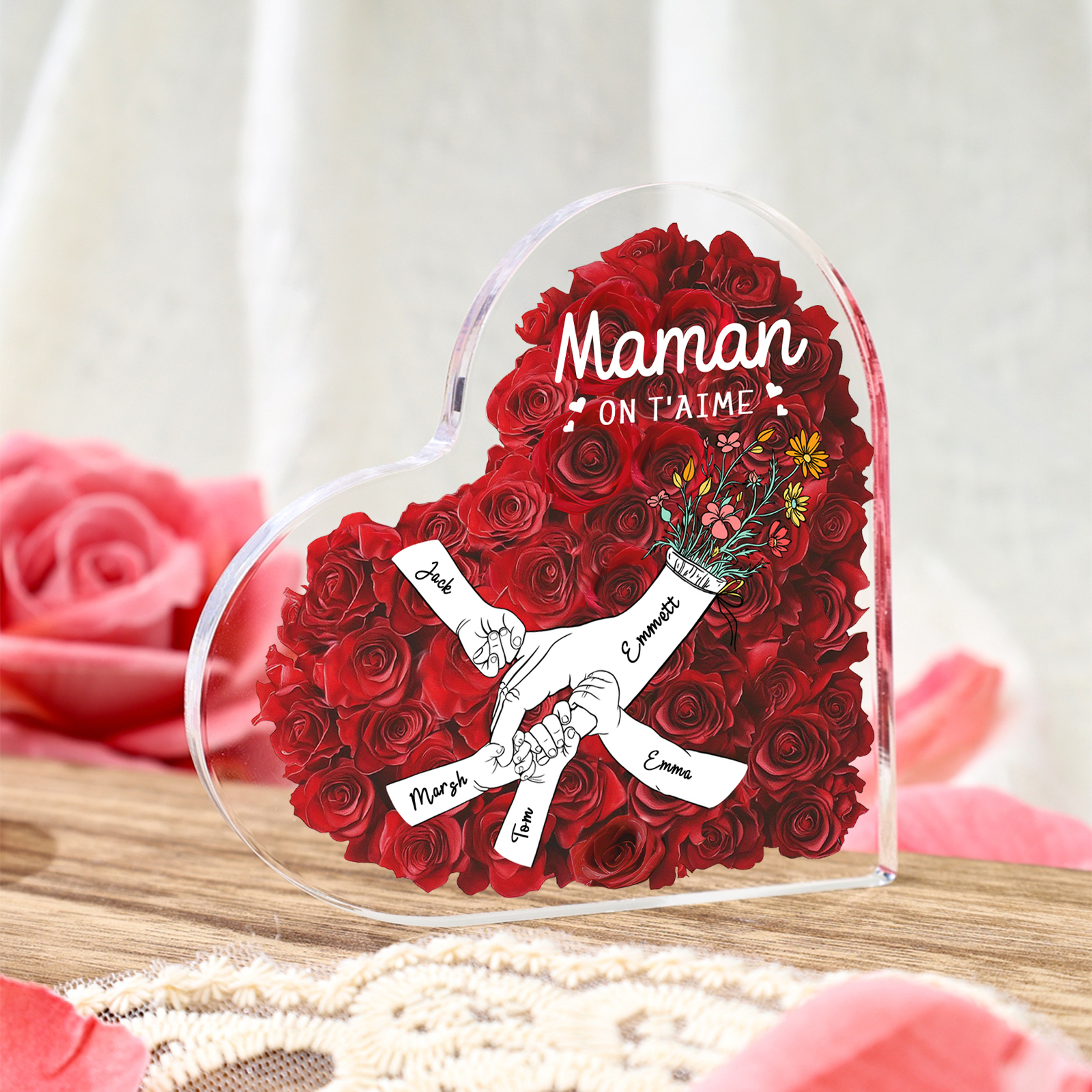 À ma Maman/Mamie-Plaque Acrylique Rose avec 5 Prénoms et 2 Textes Personnalisés Décoration la main dans la main | Jessemade